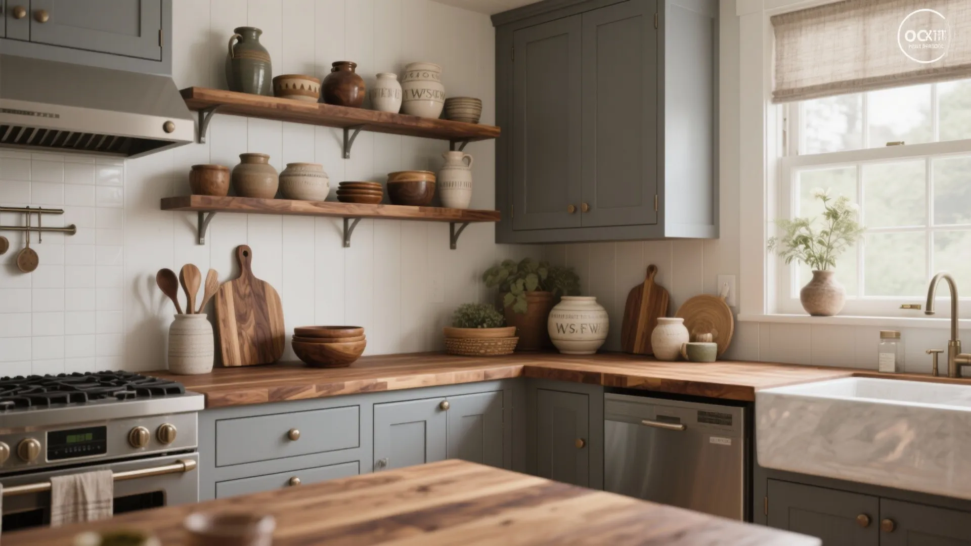 4. Warm Wood Counters and Open Shelves