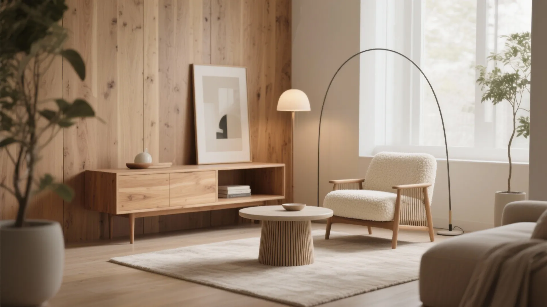 Minimalist living room with wooden wall panels, white armchair, wooden cabinet, and round coffee table