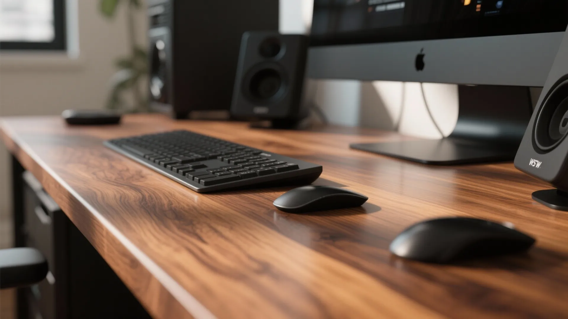 Close up of wooden office desk with black keyboard two mice and black desktop speakers
