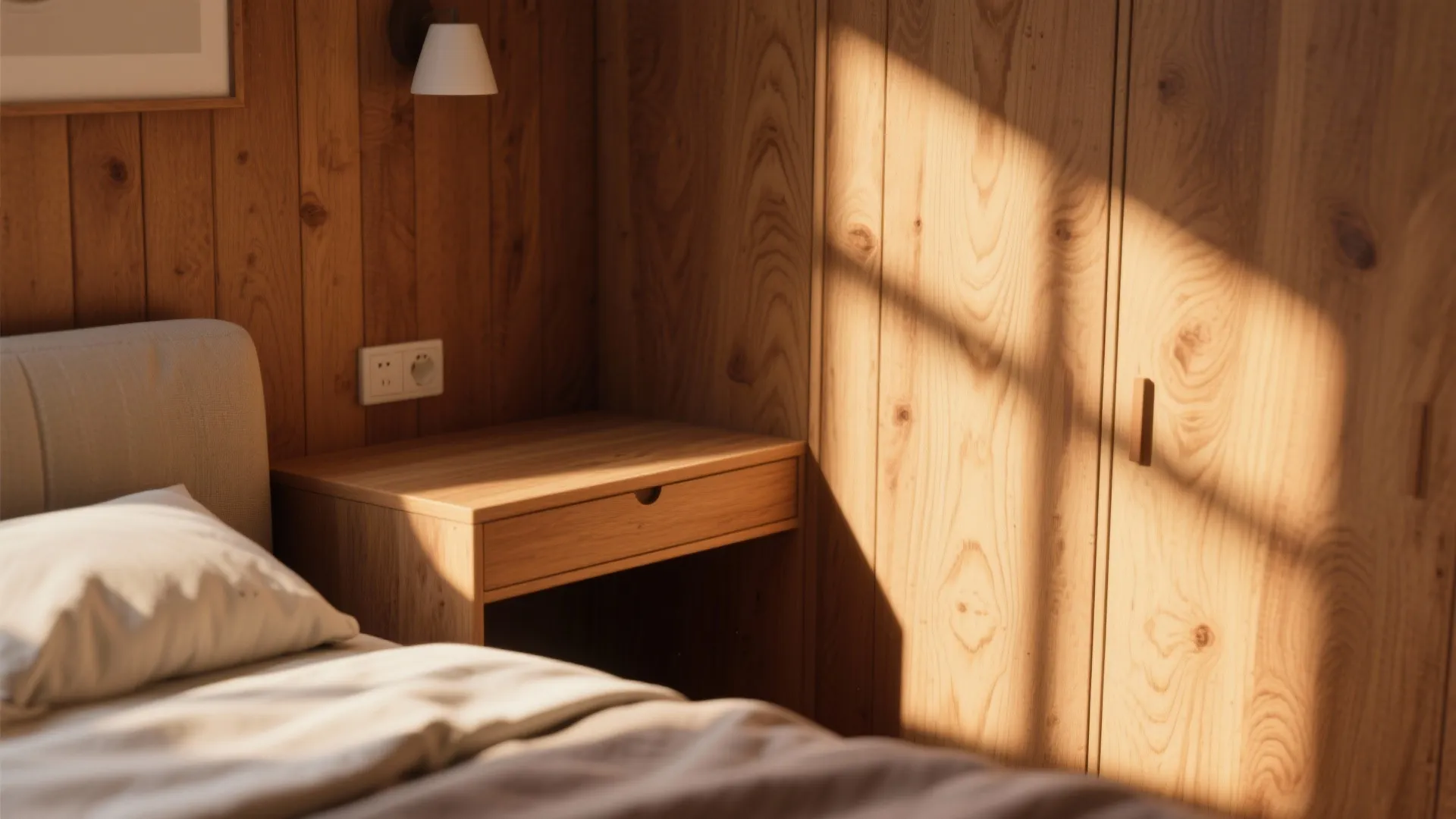 Cozy bedroom corner featuring wooden wall panel a simple bedside desk and warm natural sunlight