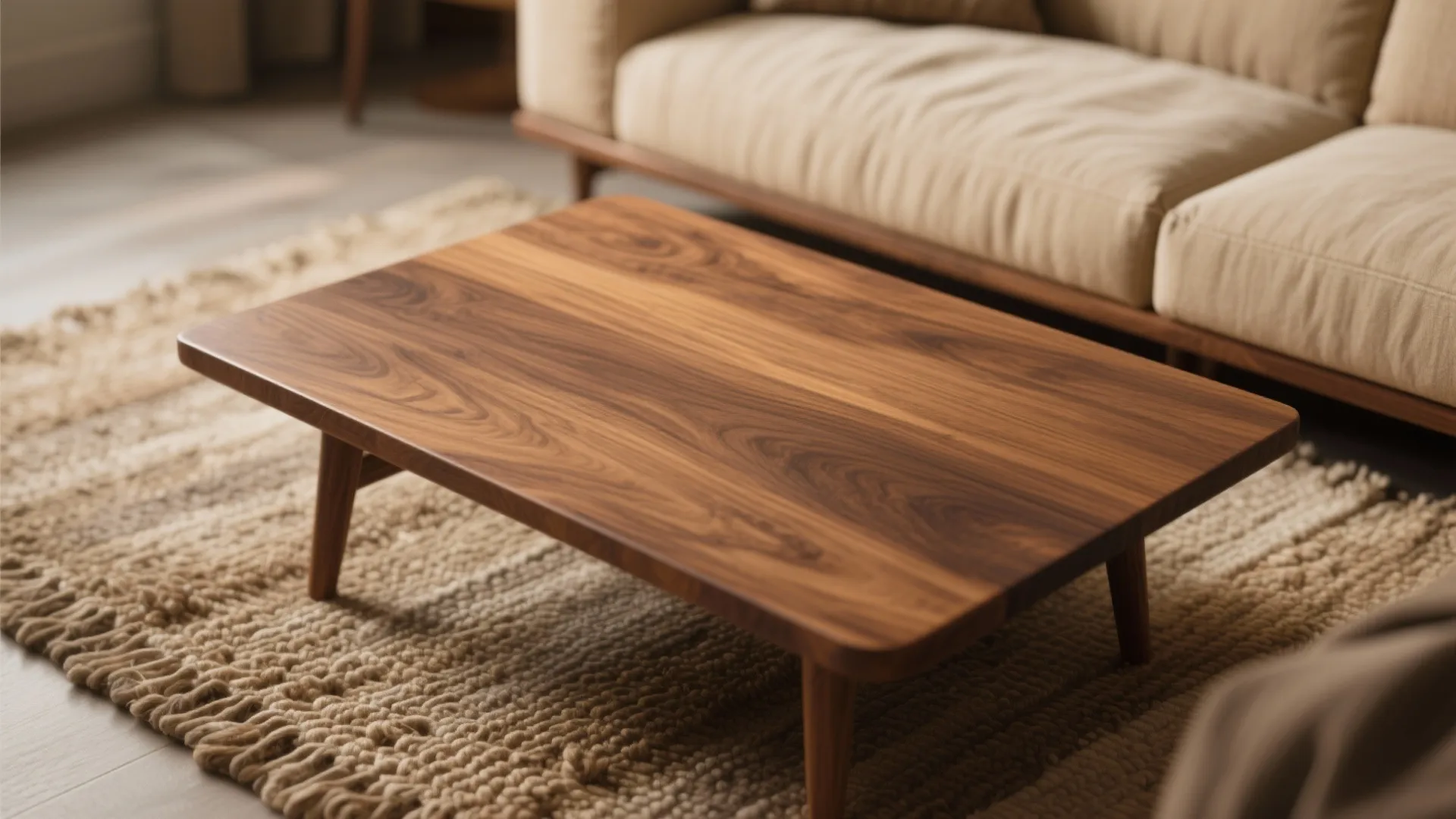 Close up of a wooden coffee table on a textured rug next to a beige sofa