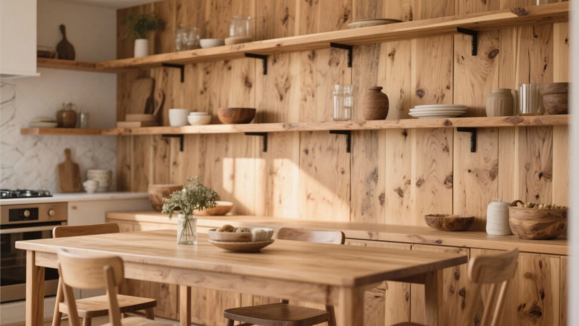 Warm wood accents tying spaces together