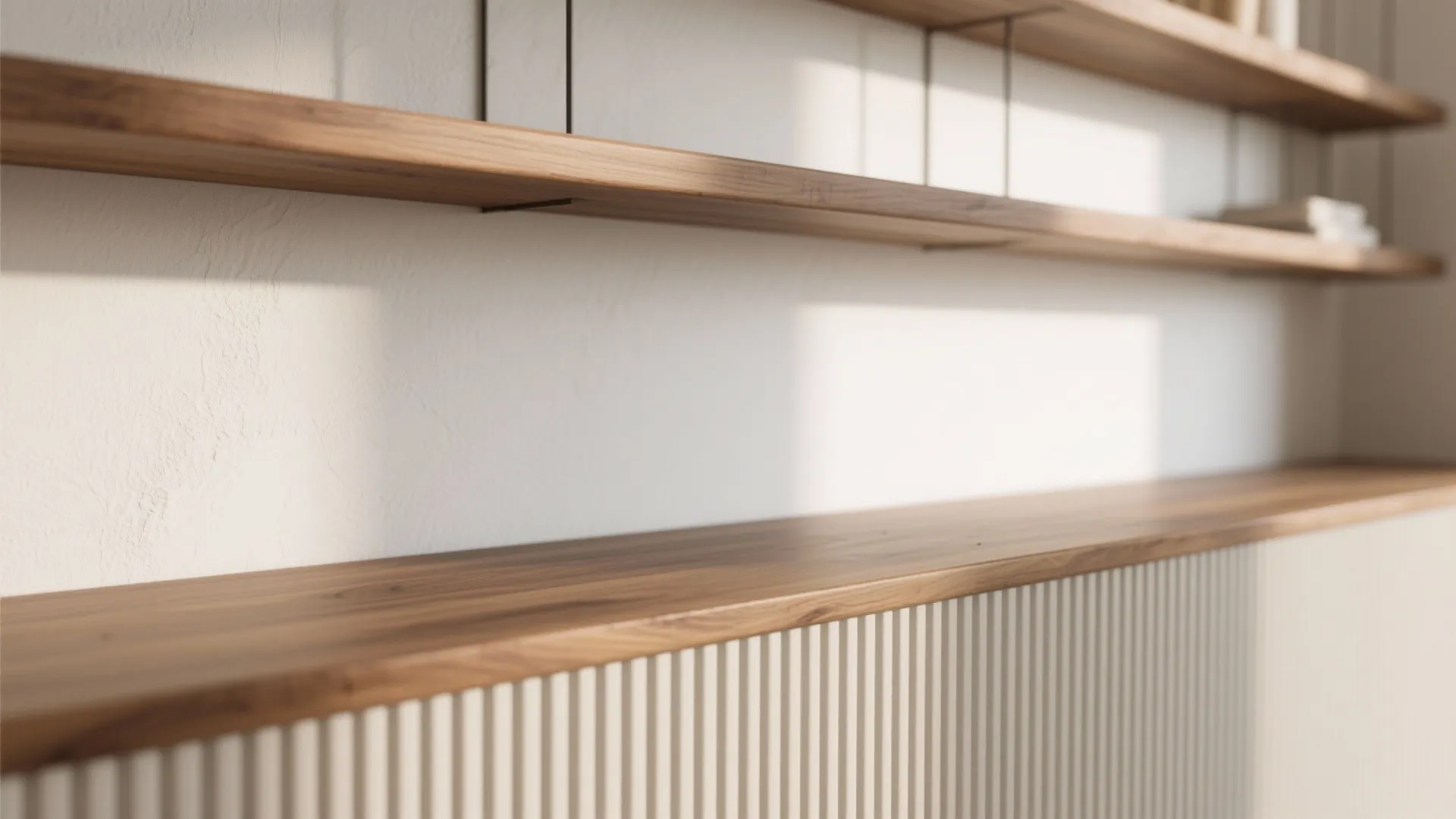 Close up of wooden wall shelves and a white wall panel with soft natural sunlight
