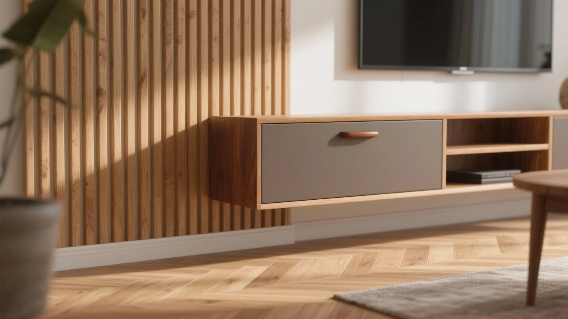 Modern wooden wall panel behind floating grey tv cabinet with wood floor and natural sunlight
