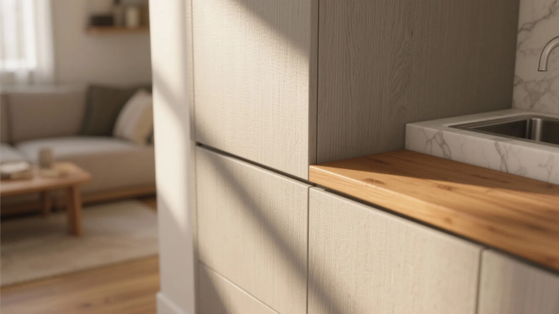 Close up view of light wood kitchen cabinet texture with marble sink and blurred living room