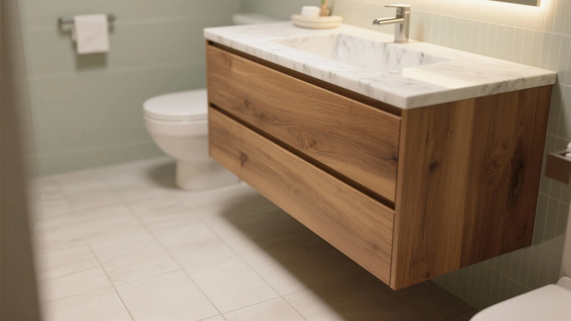 Warm Wood Accents in Compact Bathrooms