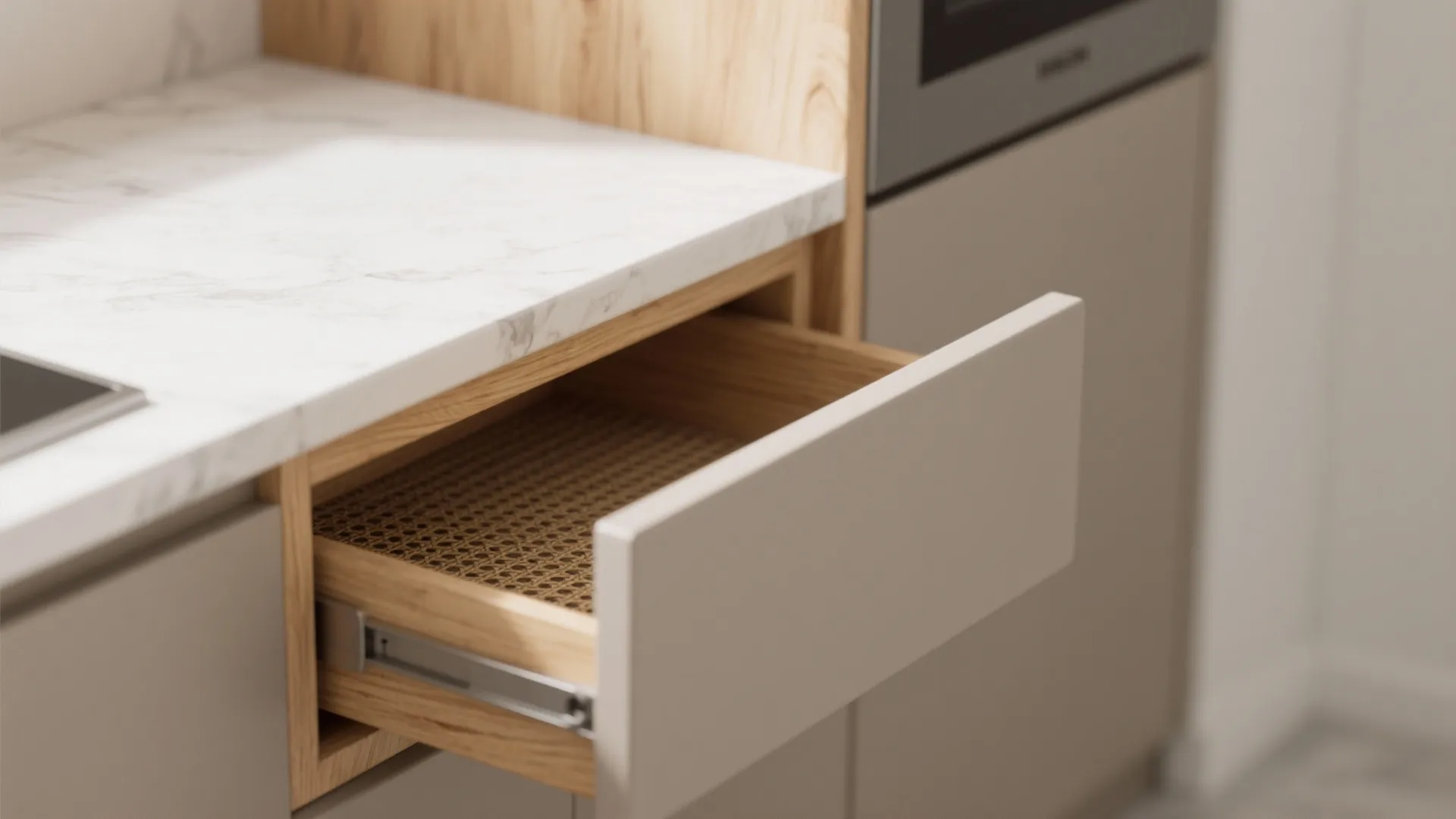 Warm wood accents that soften crisp minimalism