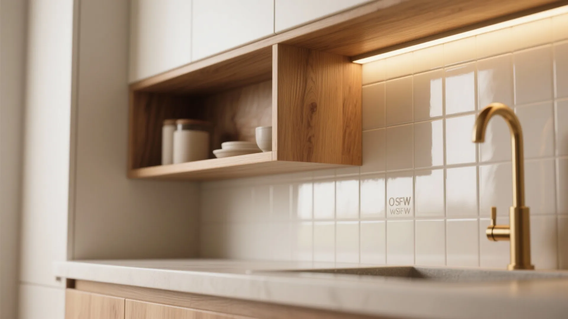 Close up of wooden kitchen shelf and white tile wall with a gold water tap