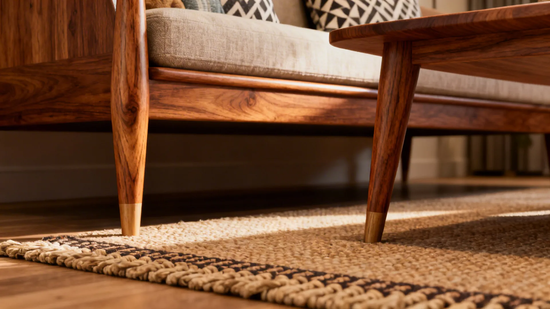 Close up of wooden sofa legs and coffee table on a beige textured area rug