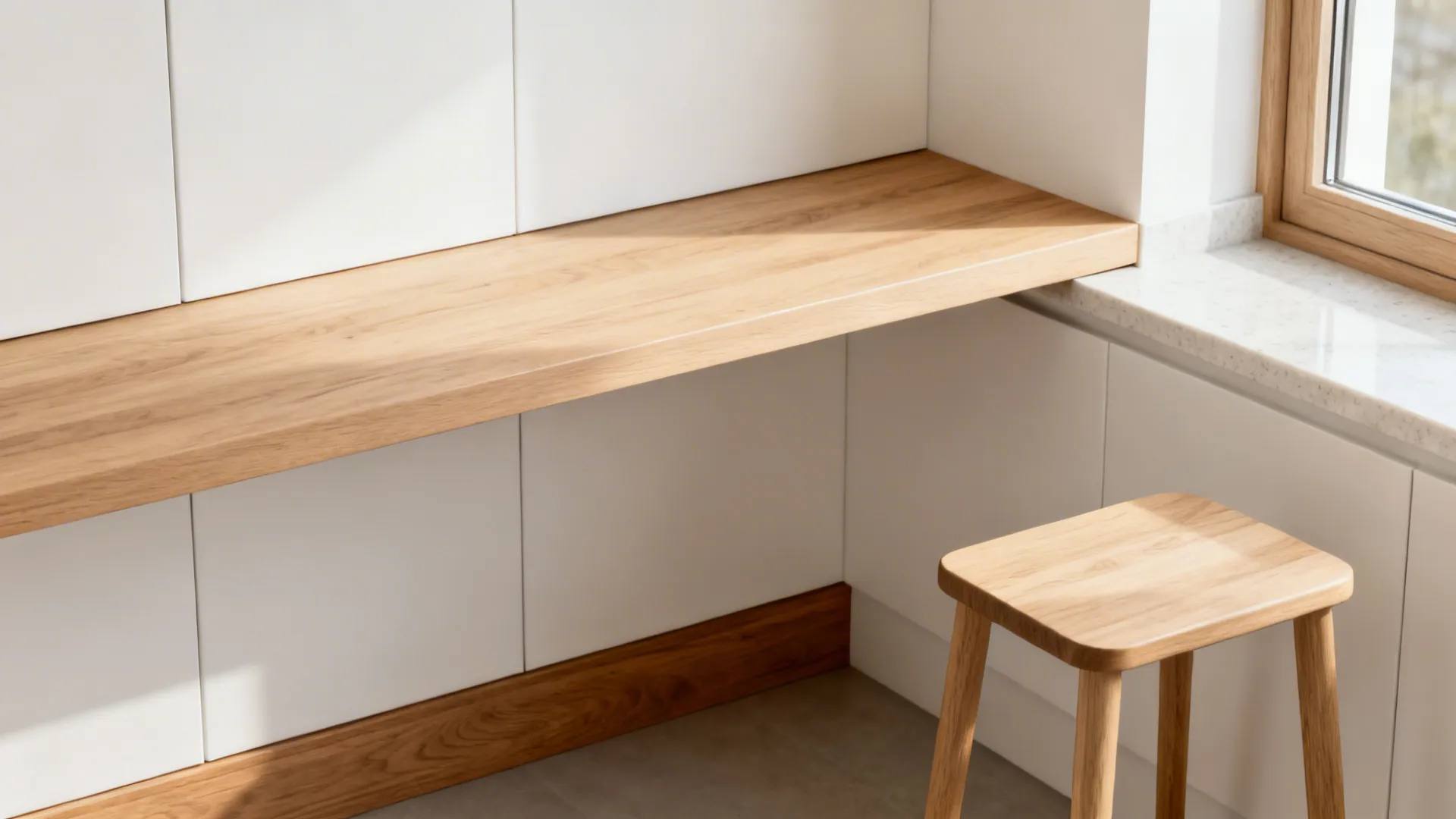 Wooden desk surface attached to white wall panels with a small wooden stool and sunlight