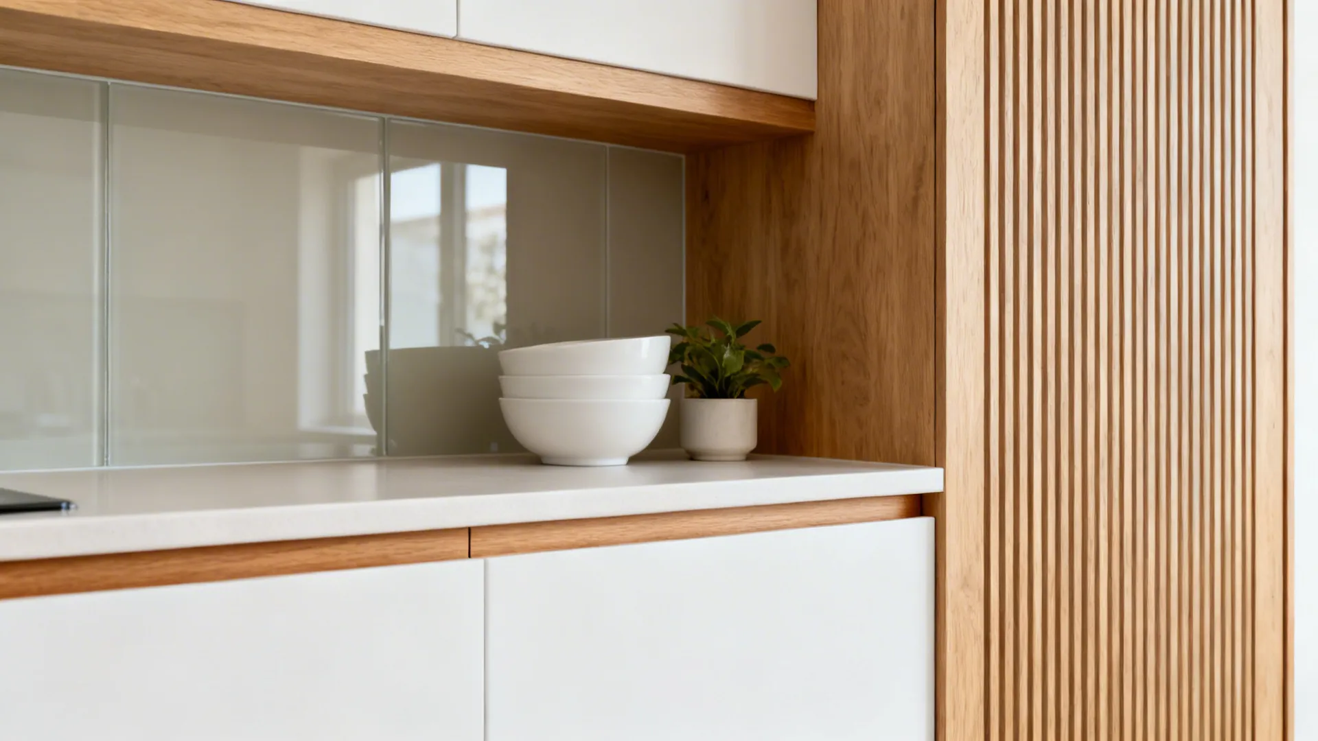 Close-up of light oak shelf and ribbed wood accent beside matte white cabinetry and glass backsplash.