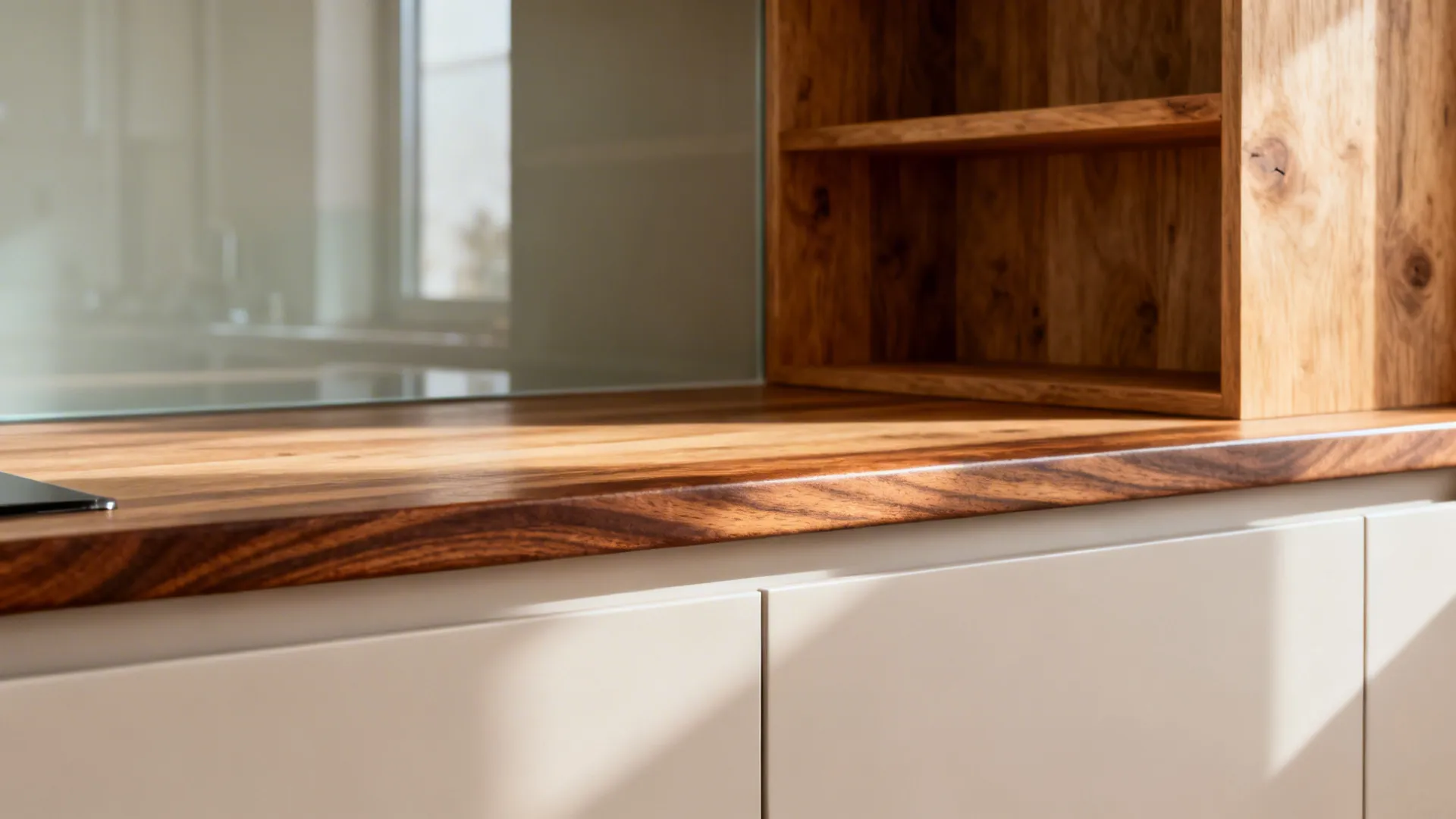 Macro of walnut edge and oak shelf adding warmth to a minimalist small kitchen.