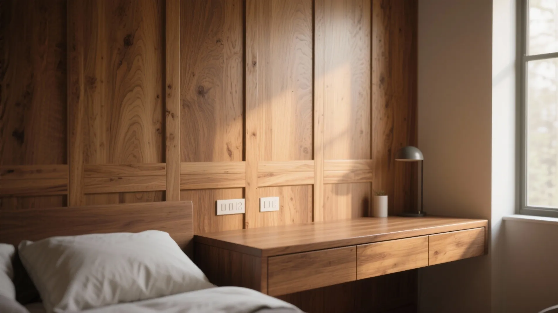 Close-up of wood wall panel with matching wooden desk, small lamp, and white pillow bedding