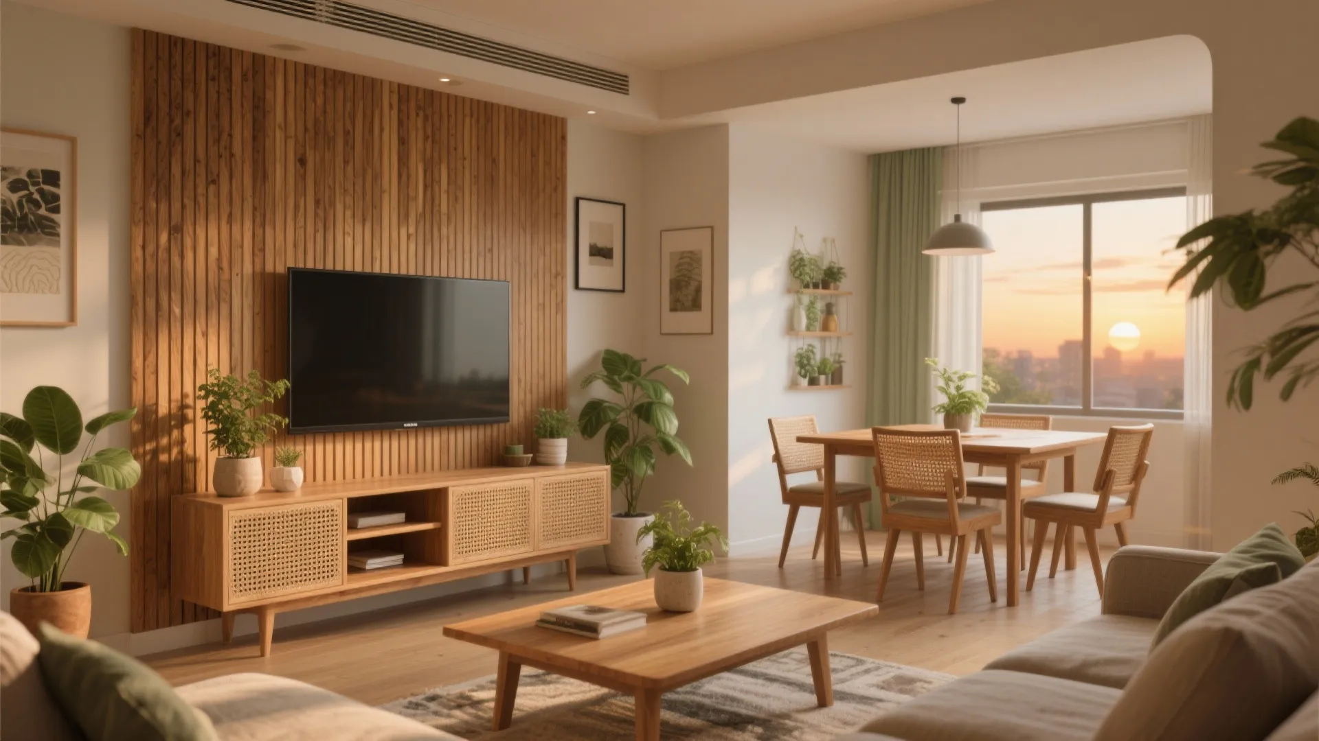 Warm wood elements—soft zones for dining and winding down