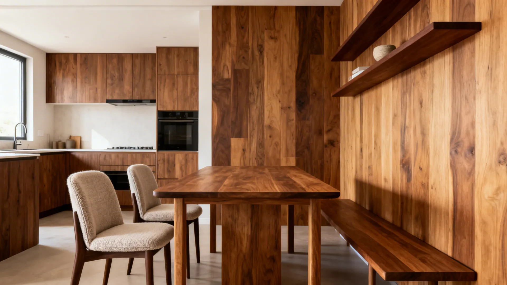 Warm wooden kitchen with dining table wall panels shelves and two beige modern padded dining chairs