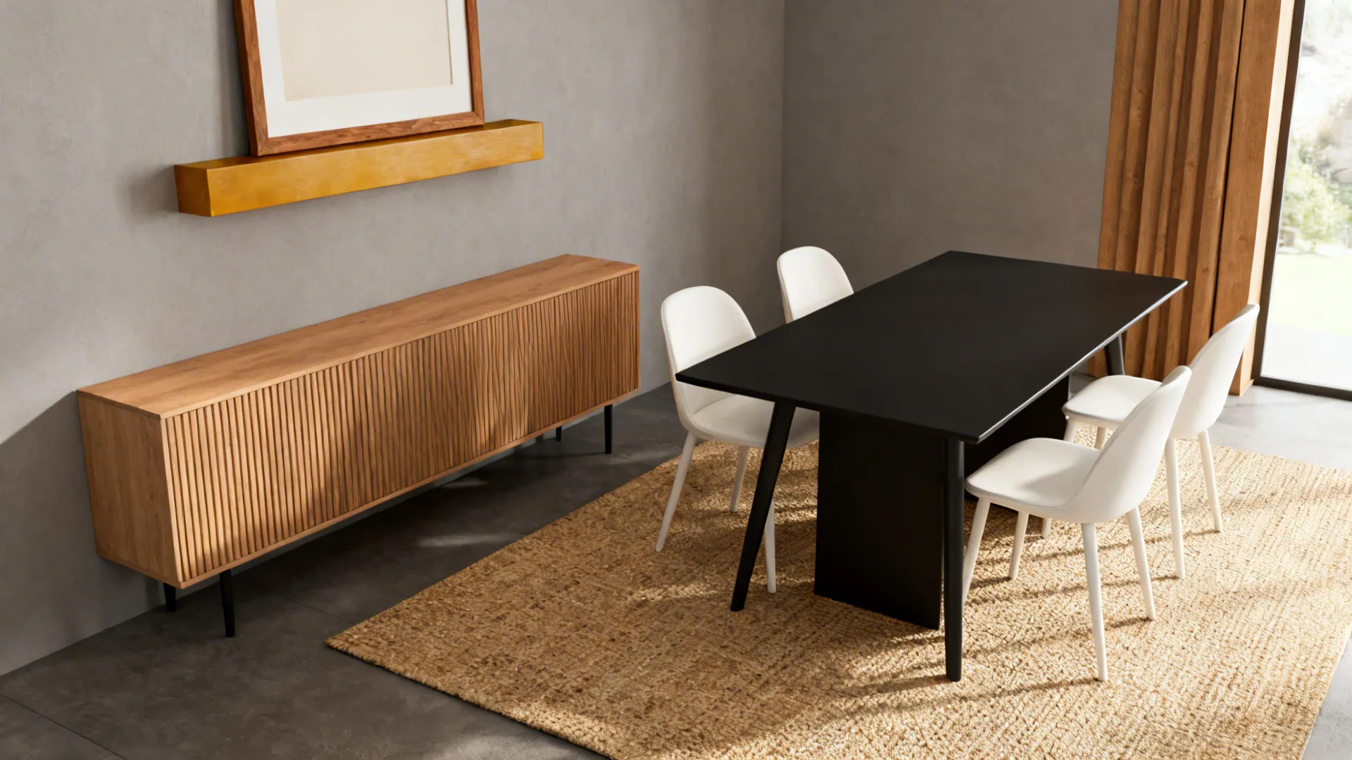 Black table and white chairs with an oak credenza and warm wood picture ledge.