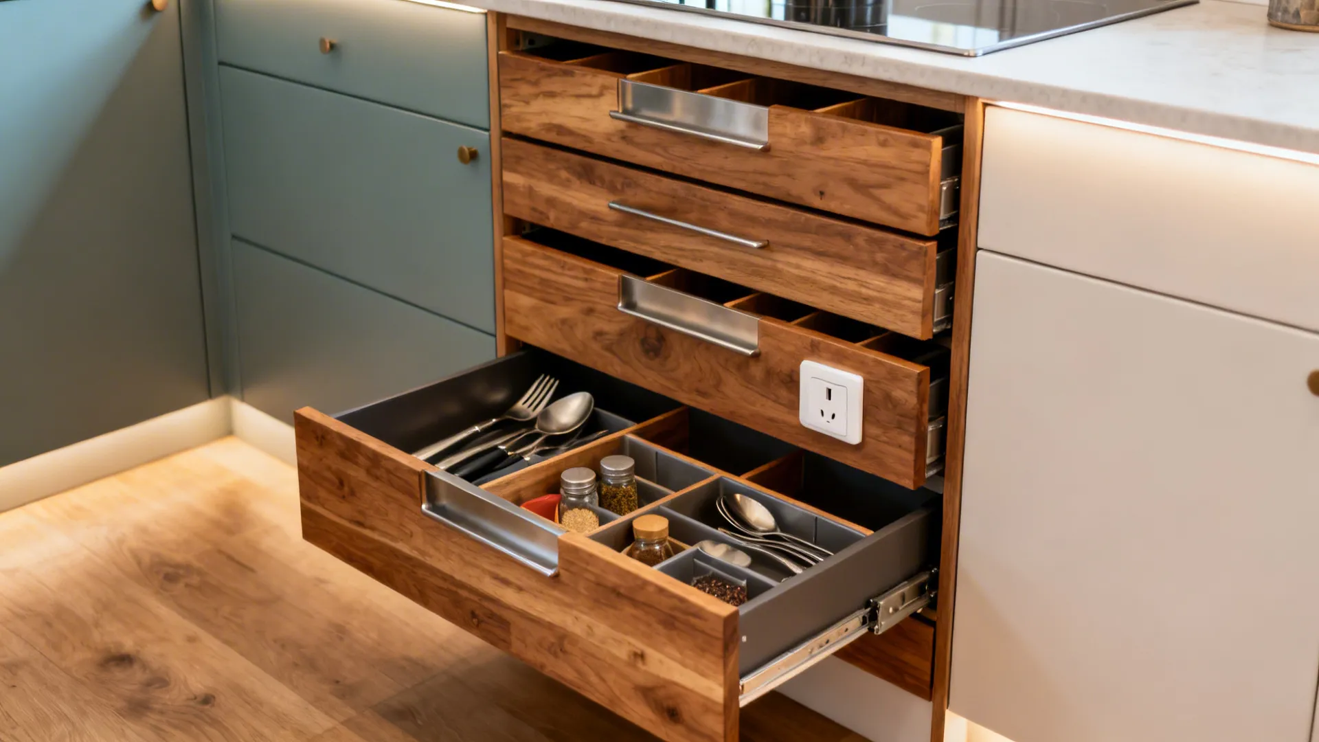 Compact kitchen with oak drawer stack showing full-extension drawers and organized inserts.