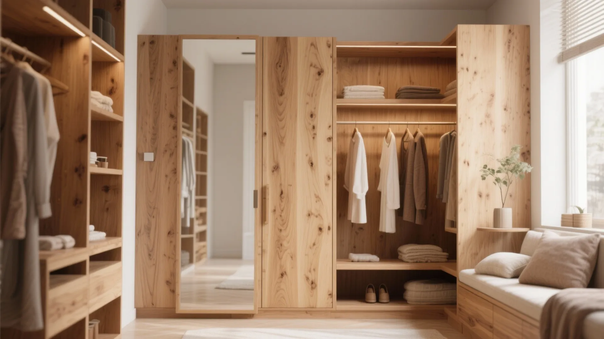 Warm wood finishes for a cozy dressing space