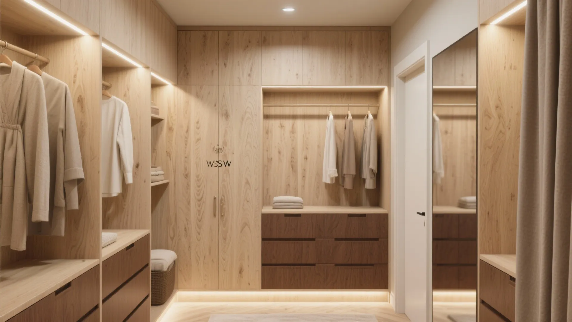 Modern walk-in closet with light wood cabinets brown drawers hanging clothes and built-in led strip lights