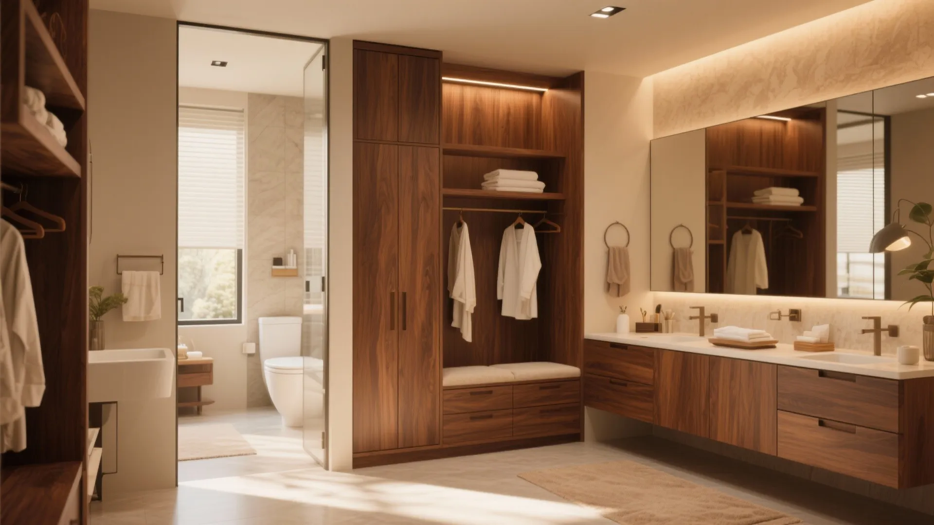 Modern bathroom with warm wood cabinets large mirror double sinks and an open walk in closet