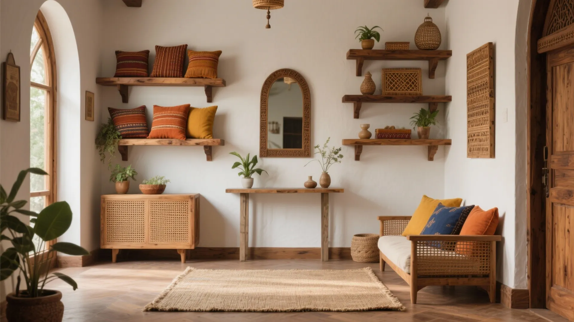 Warm wood, cane, and earthy textiles