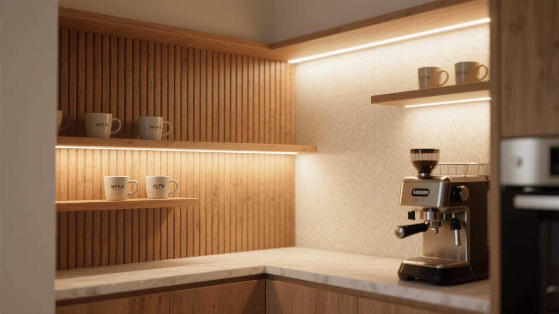 Warm Wood Accents + Edge-Lit Wall Panels