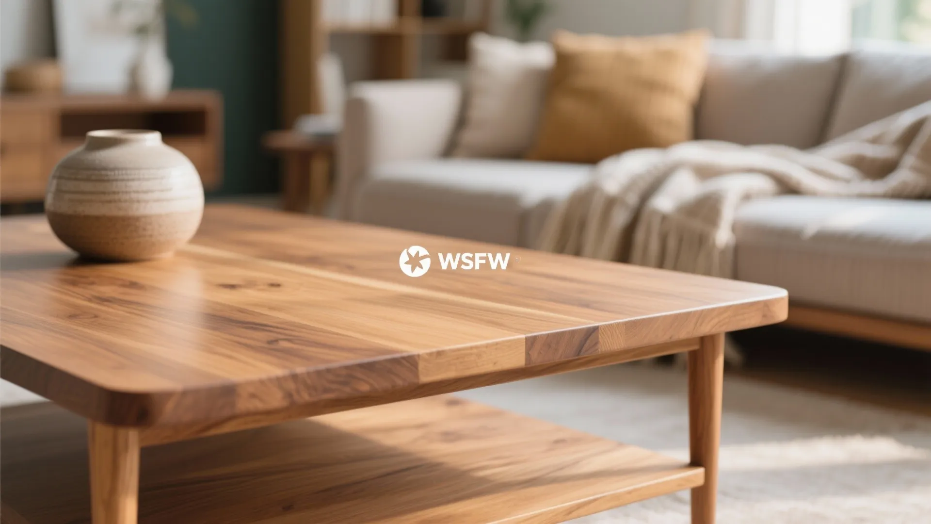 Modern wooden coffee table with a round vase in a bright living room with sofa