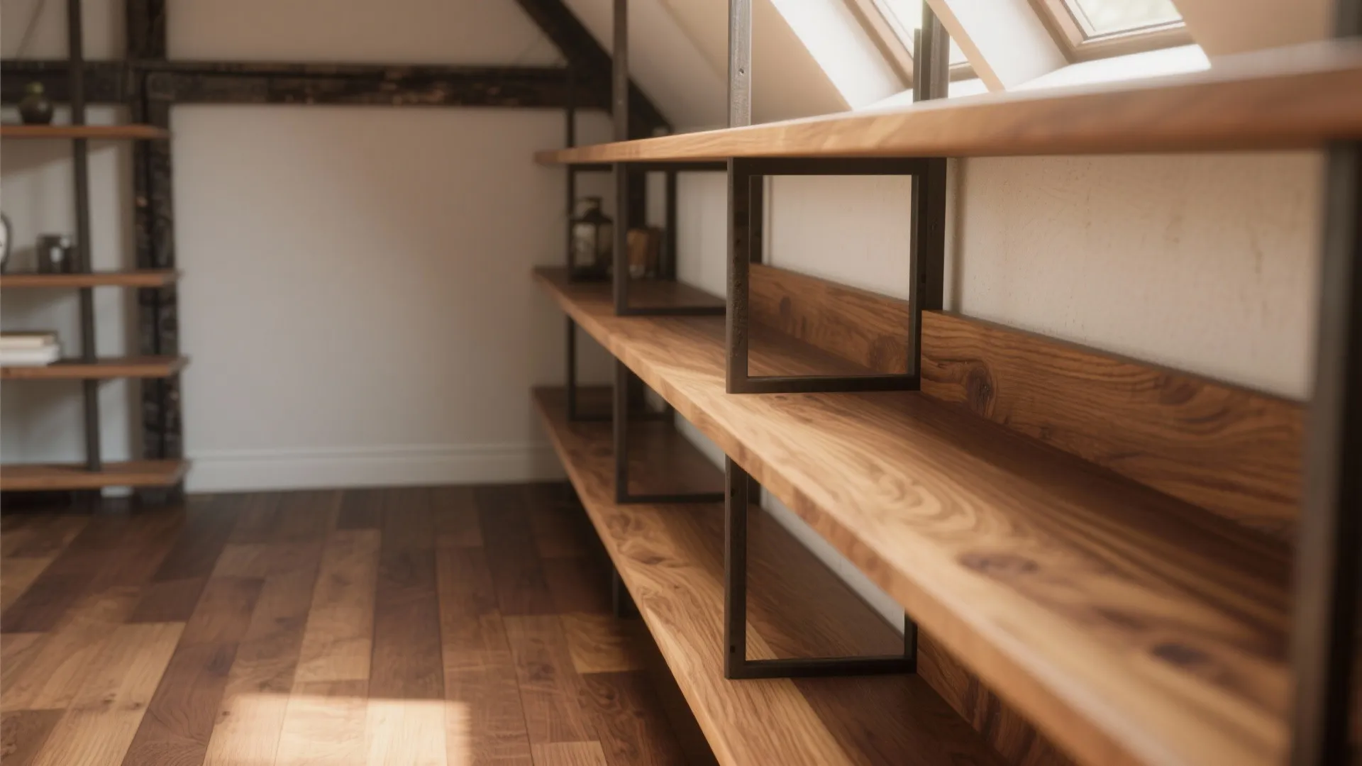 Close up of wooden shelves with black metal frames in a room with roof windows