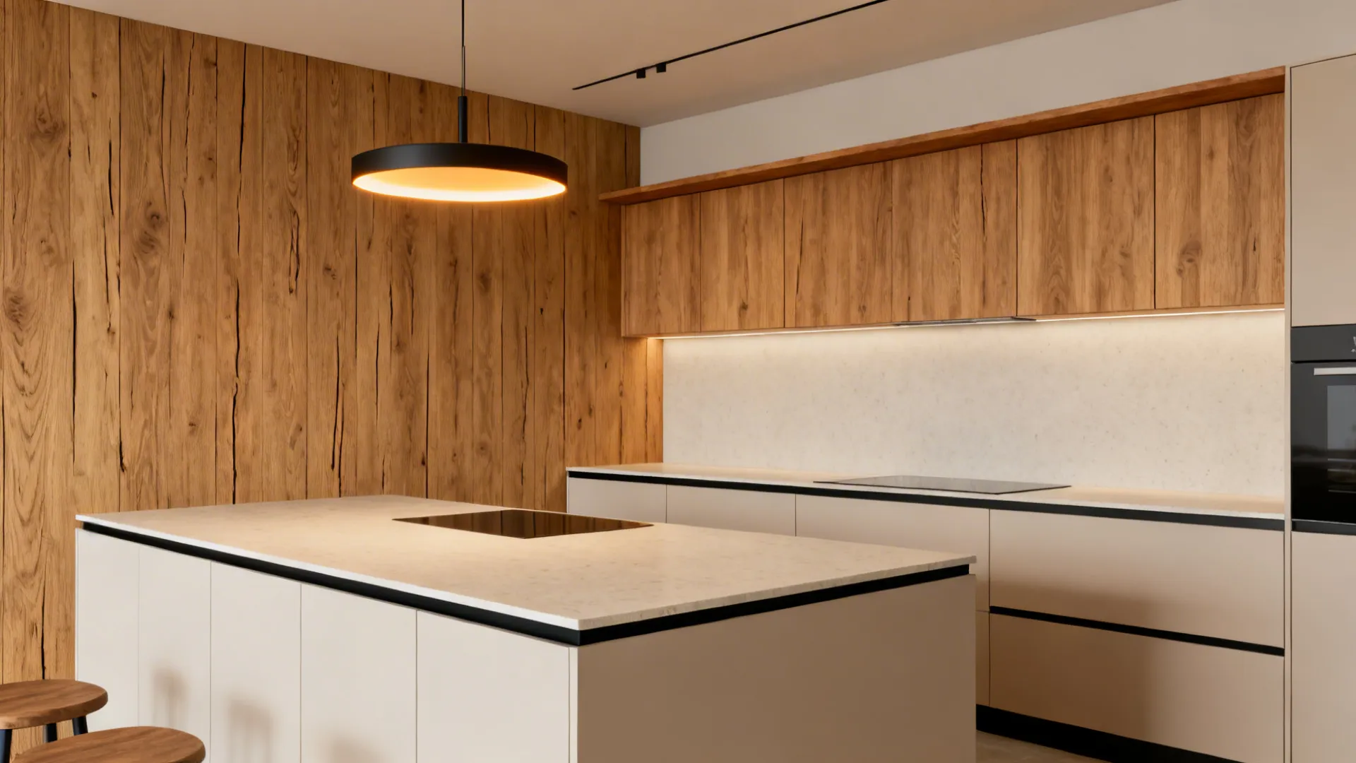 Small kitchen with rift-sawn oak on one wall, pale counters, and black accents creating a warm balance.