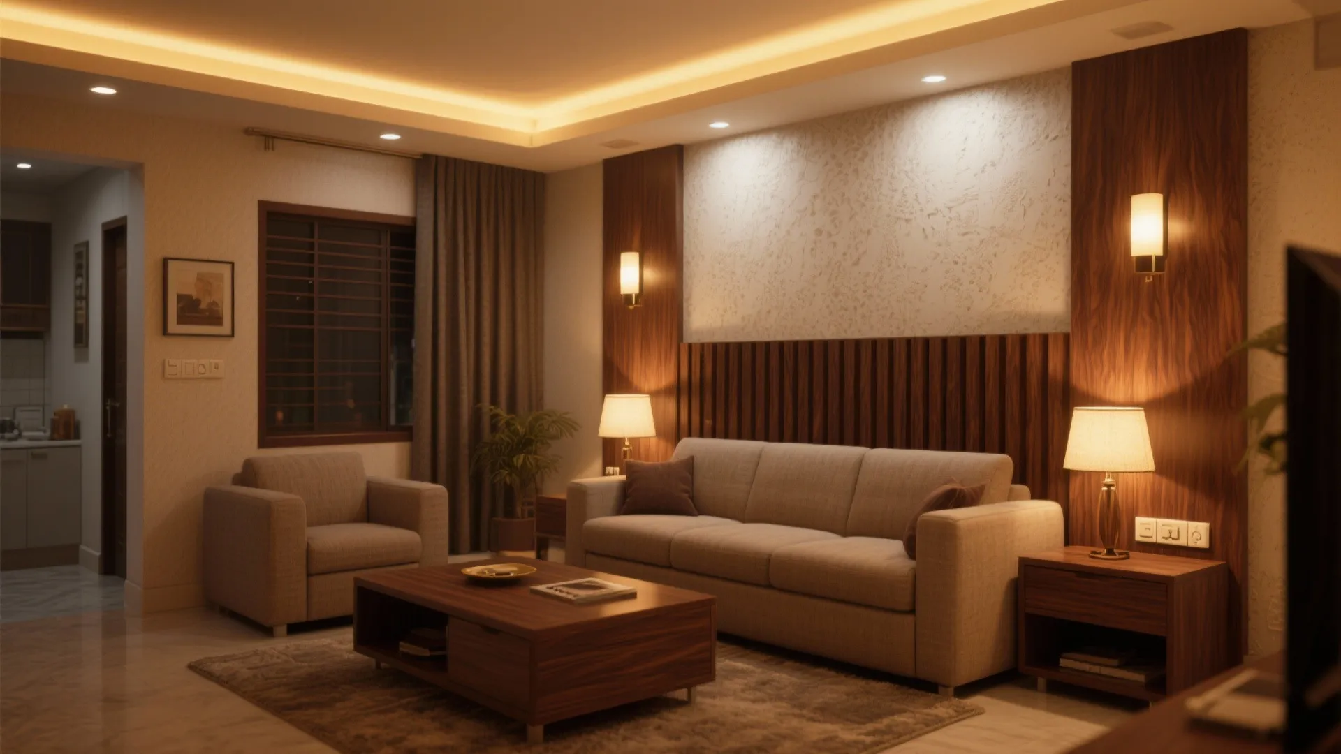 Warm wood tones and soft lighting for cozy evenings