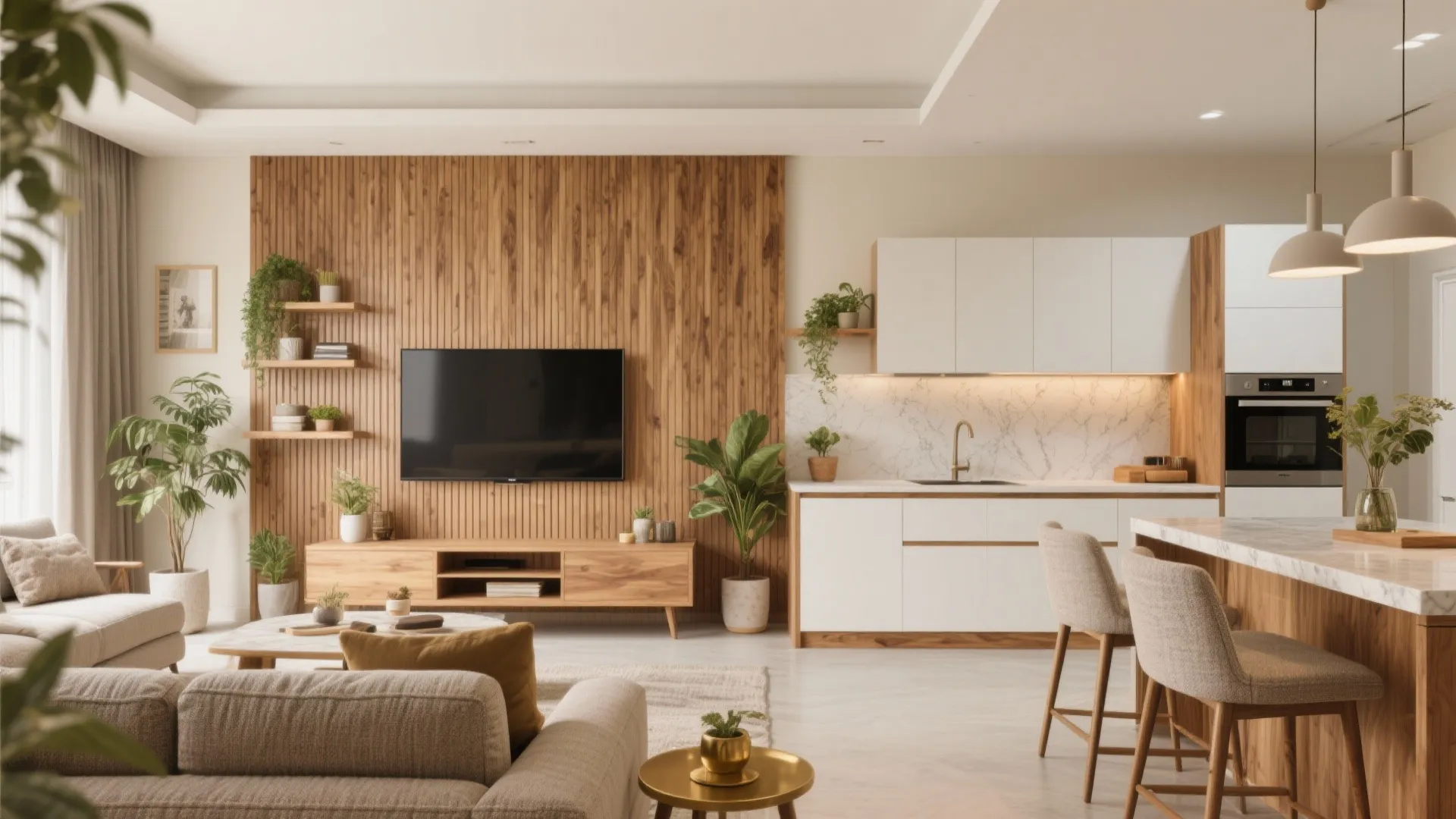 Open plan living room and kitchen with wood wall panel television sofa and white cabinets design