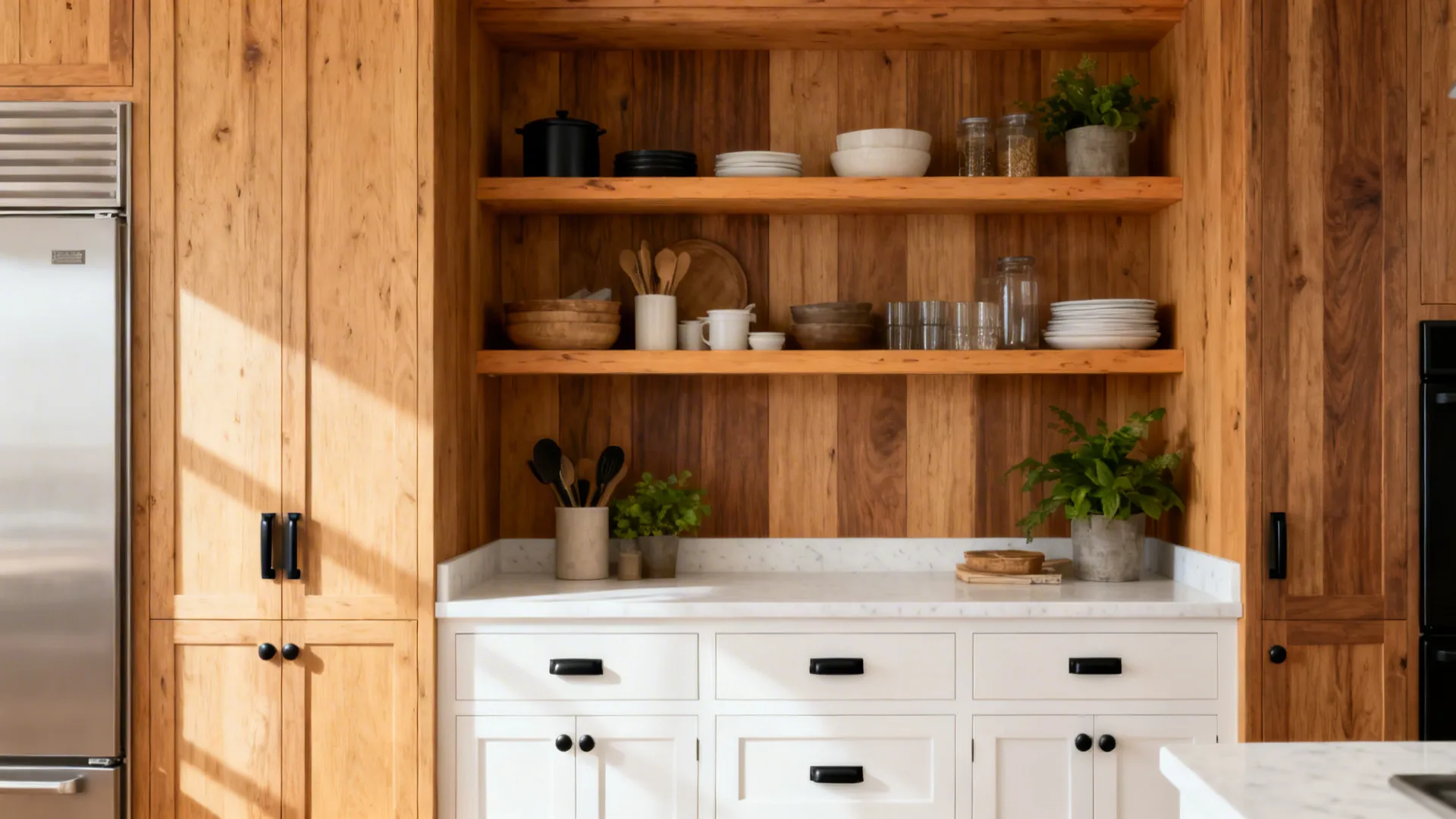 Warm wood shelves and panels paired with matte hardware and soft white quartz counters.