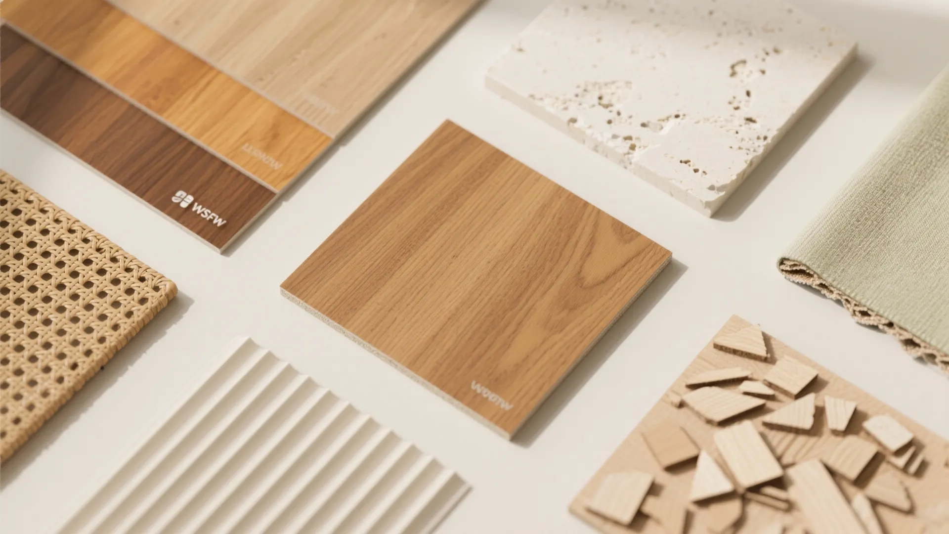 Flat lay of warm oak and teak laminates, cane weave, fluted acrylic, cream stone and neutral fabric for a calm city palette.