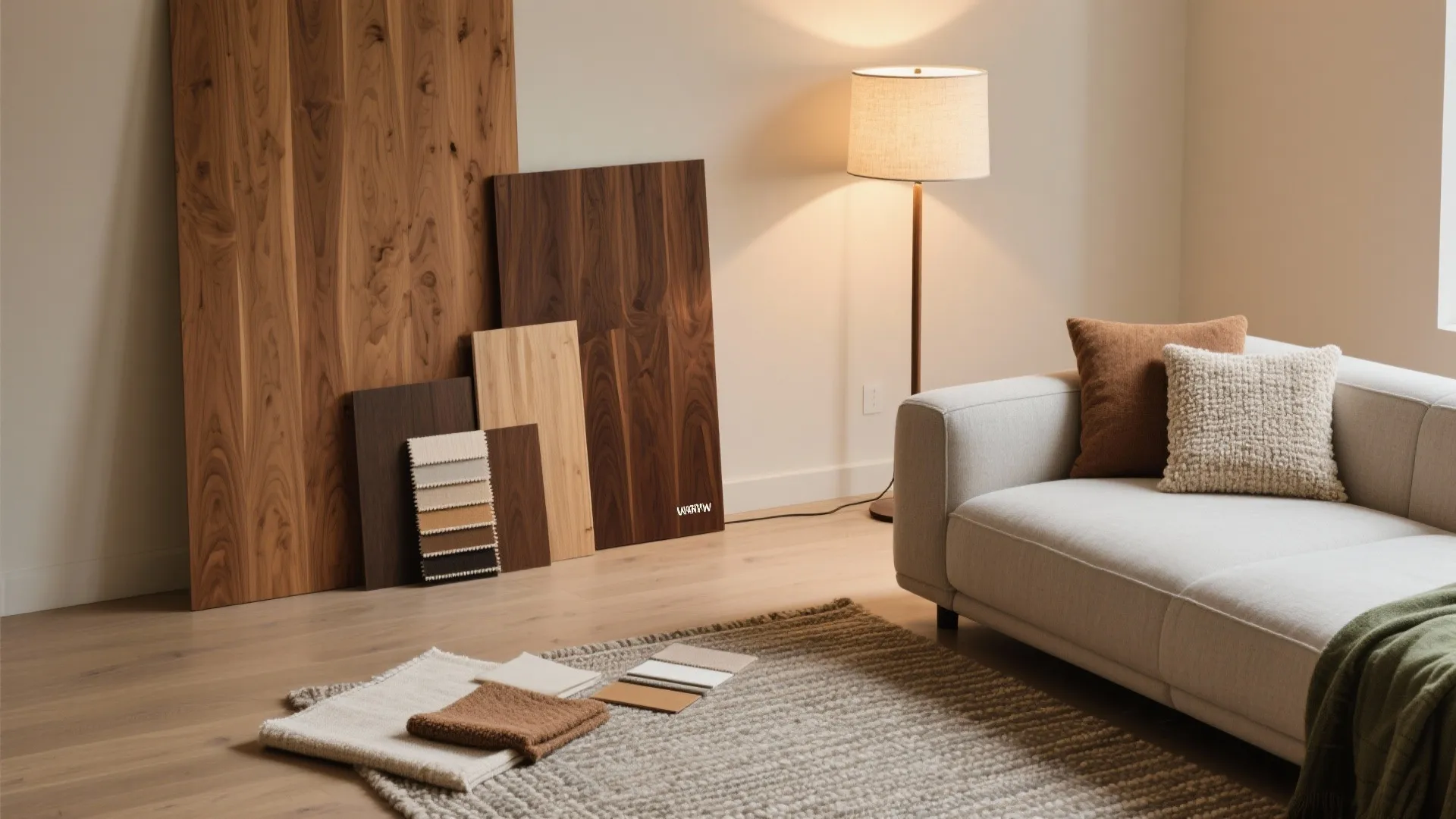 Interior design mood board with wood panels fabric samples floor lamp and a white sofa