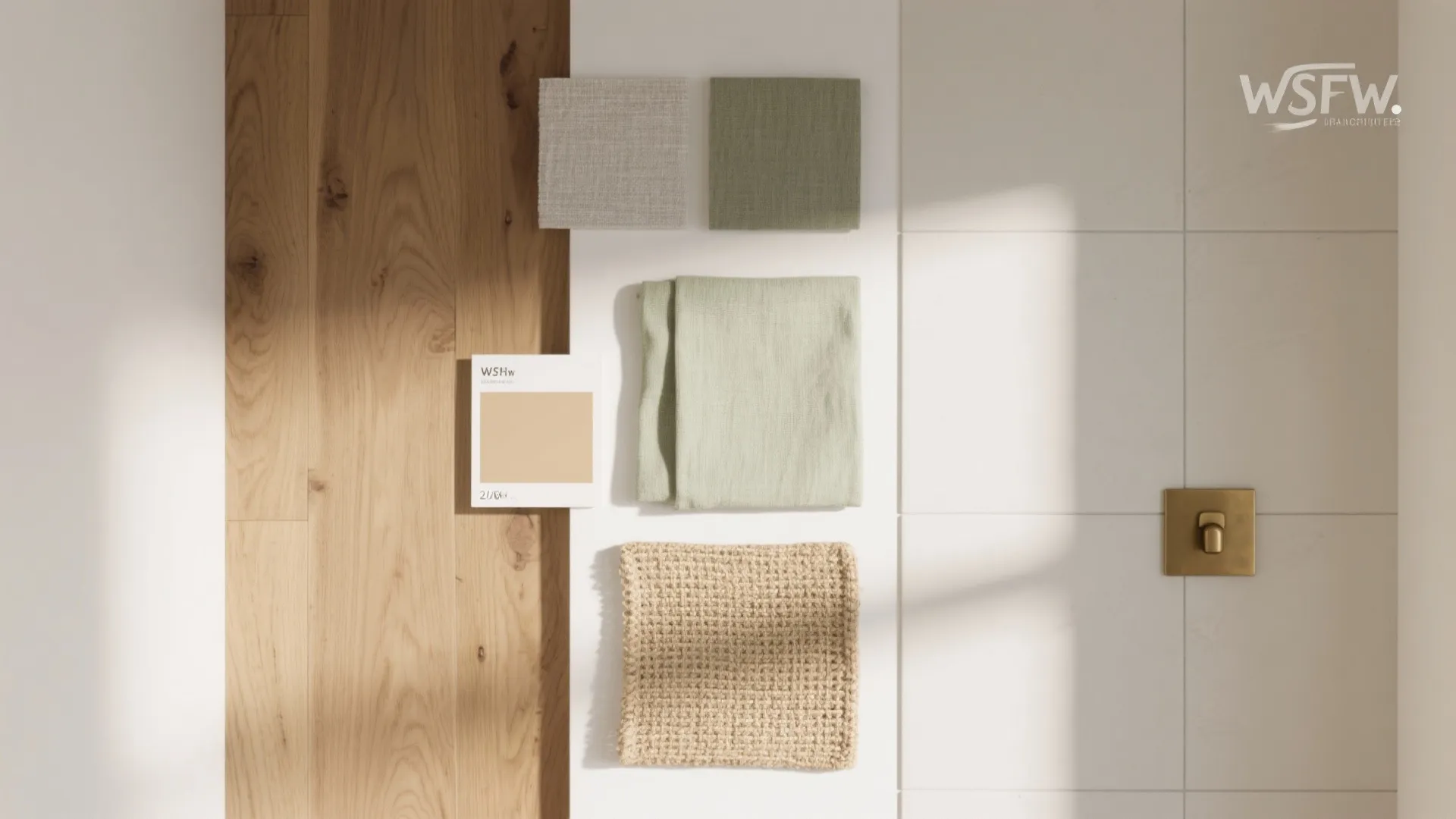Interior design materials mood board showing wood flooring samples green fabric swatches and beige tiles