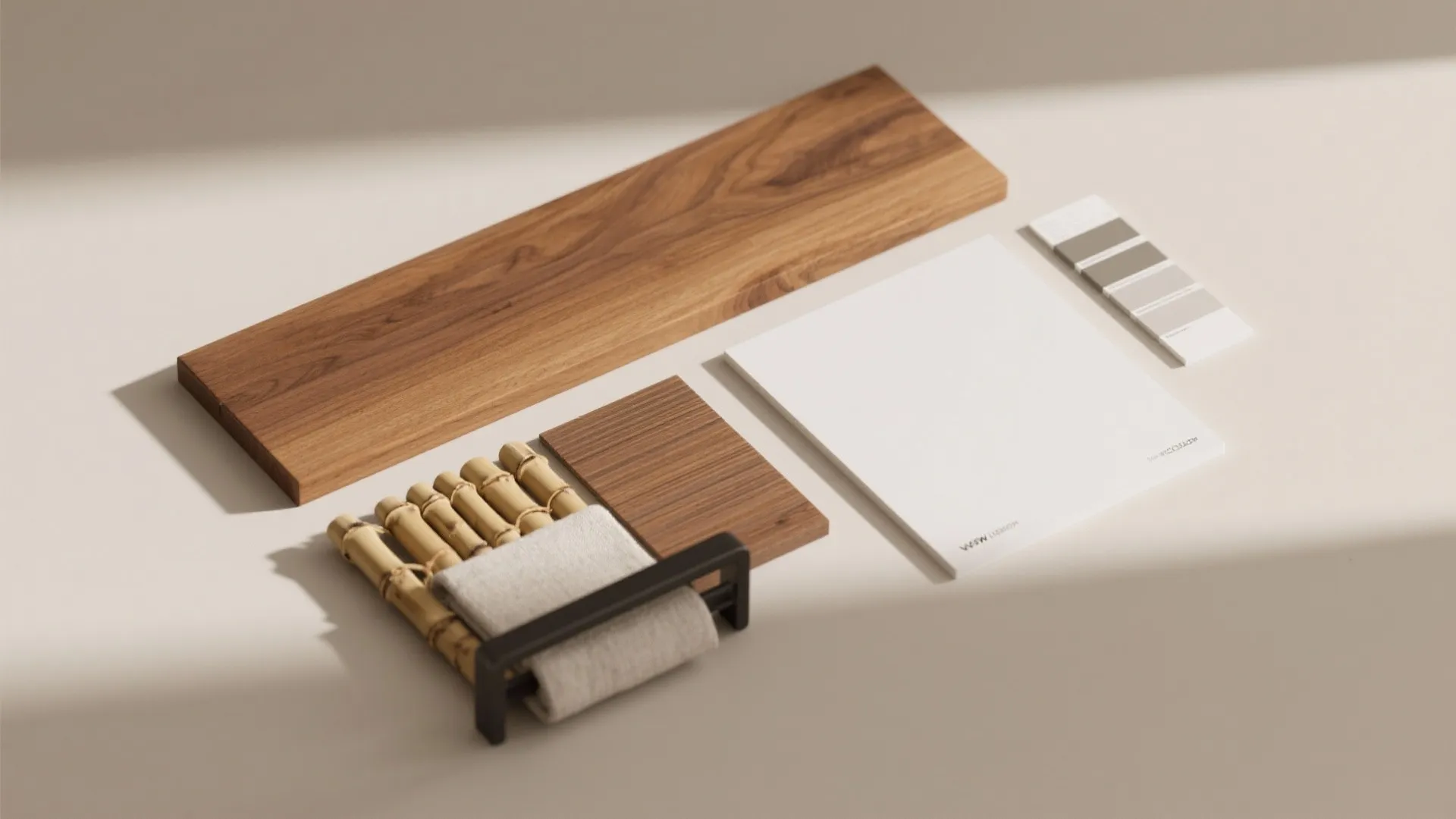 Interior design materials including wood boards bamboo sticks white paper and grey color palette swatches