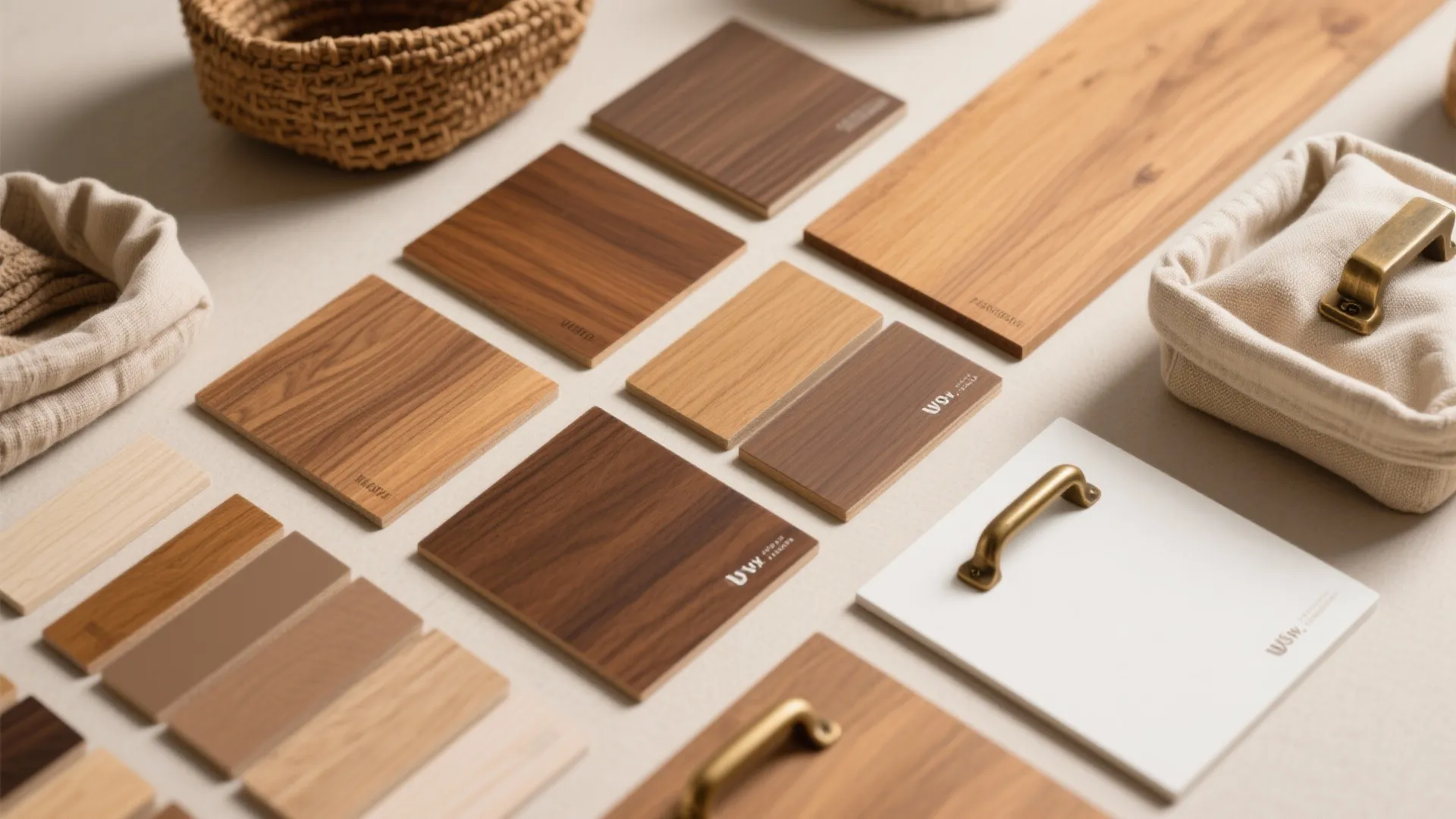 Interior design material board with wood samples metal handles and fabric baskets on a light background
