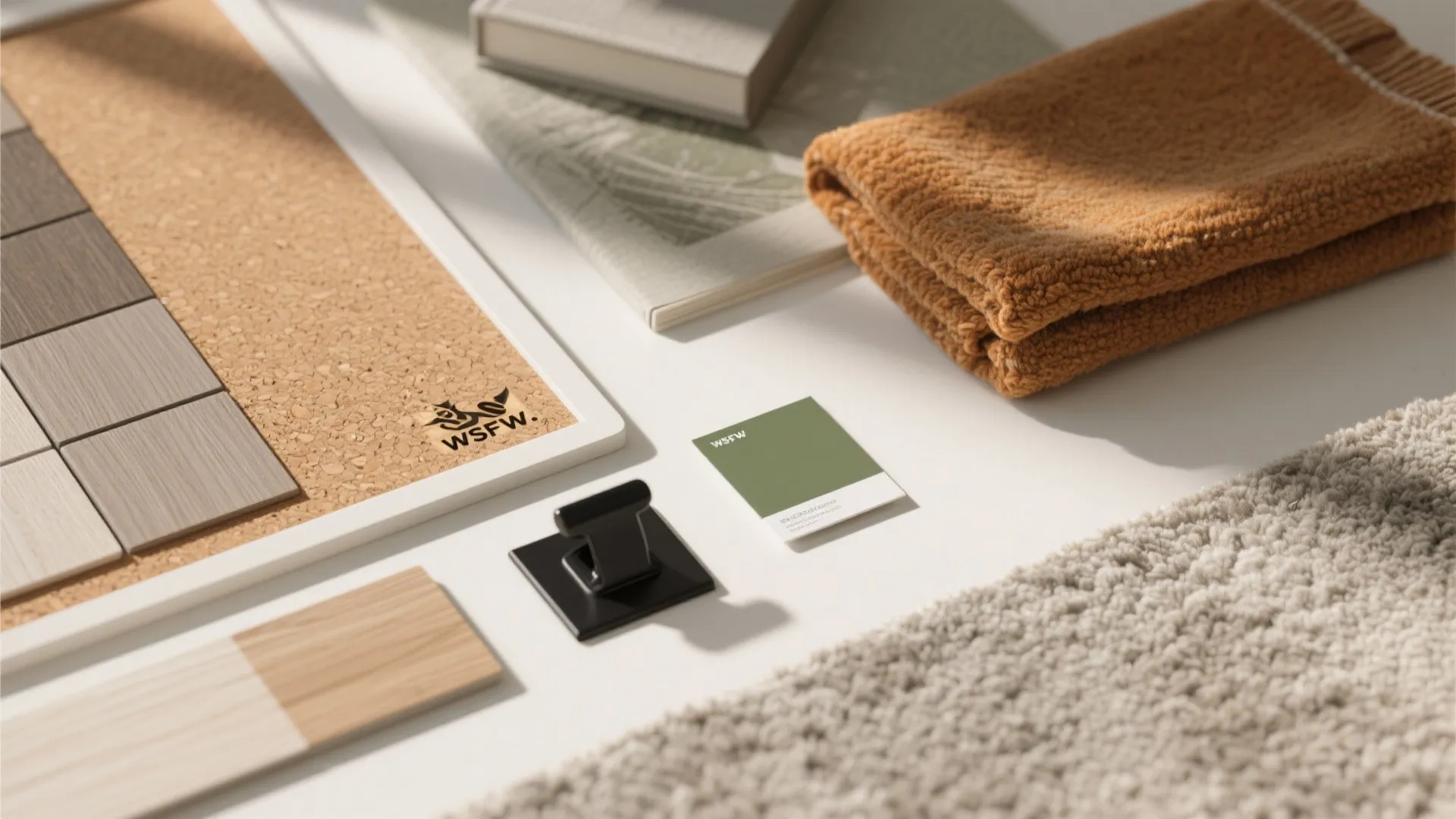 Flat-lay of oak, cork, wool, and neutral palette for a calming study nook