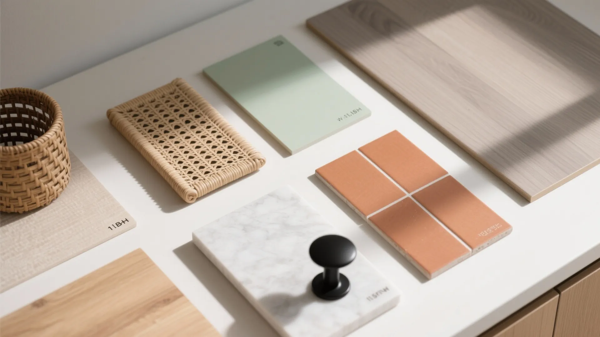 Interior design material board with wood planks green tile orange tiles marble and woven rattan