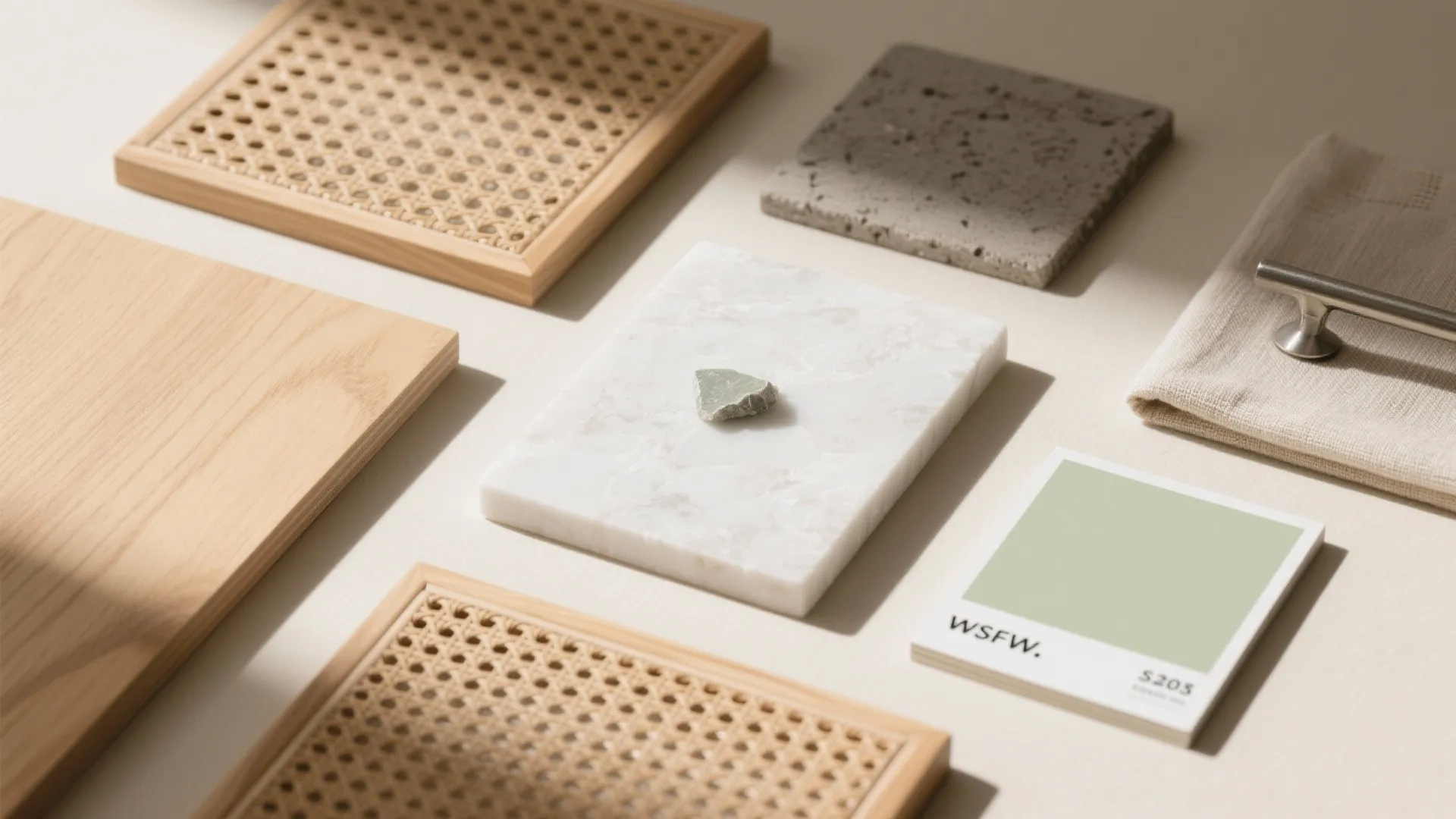 Material samples showing wood floor stone tiles green color card fabric and woven wall panel
