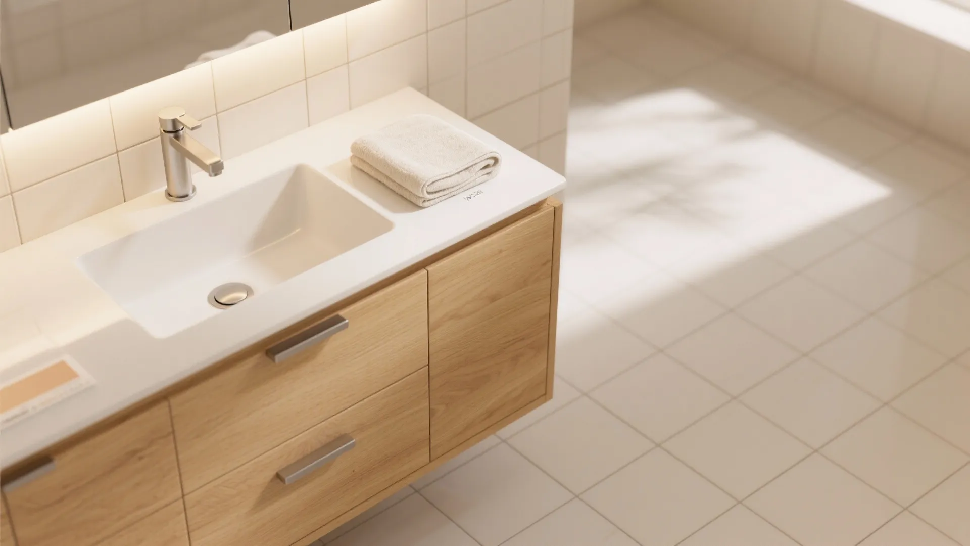 Warm wood, matte metals, and a softer spa mood