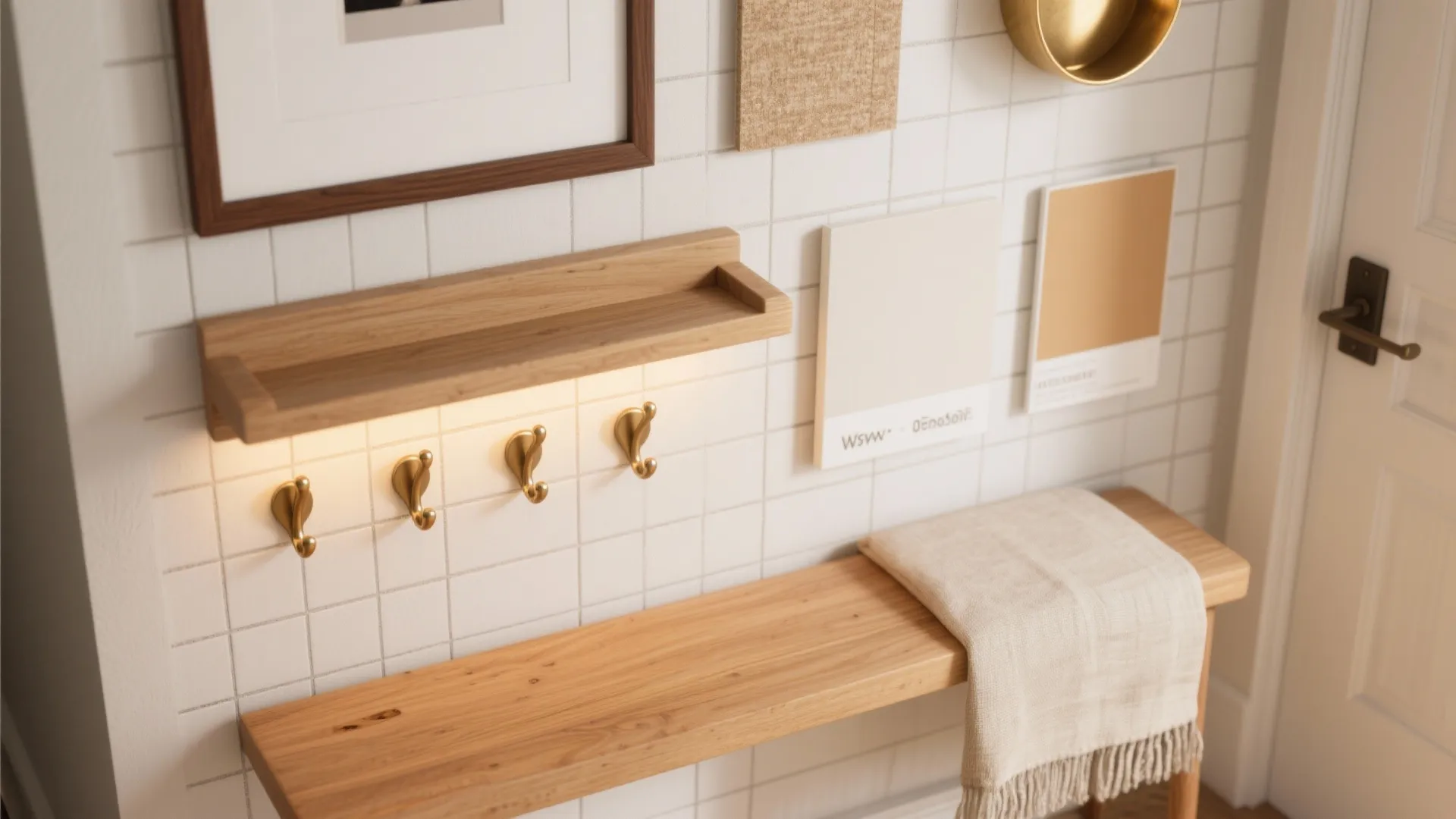 White tiled wall featuring gold hooks wood shelf mood board and wood bench with blanket