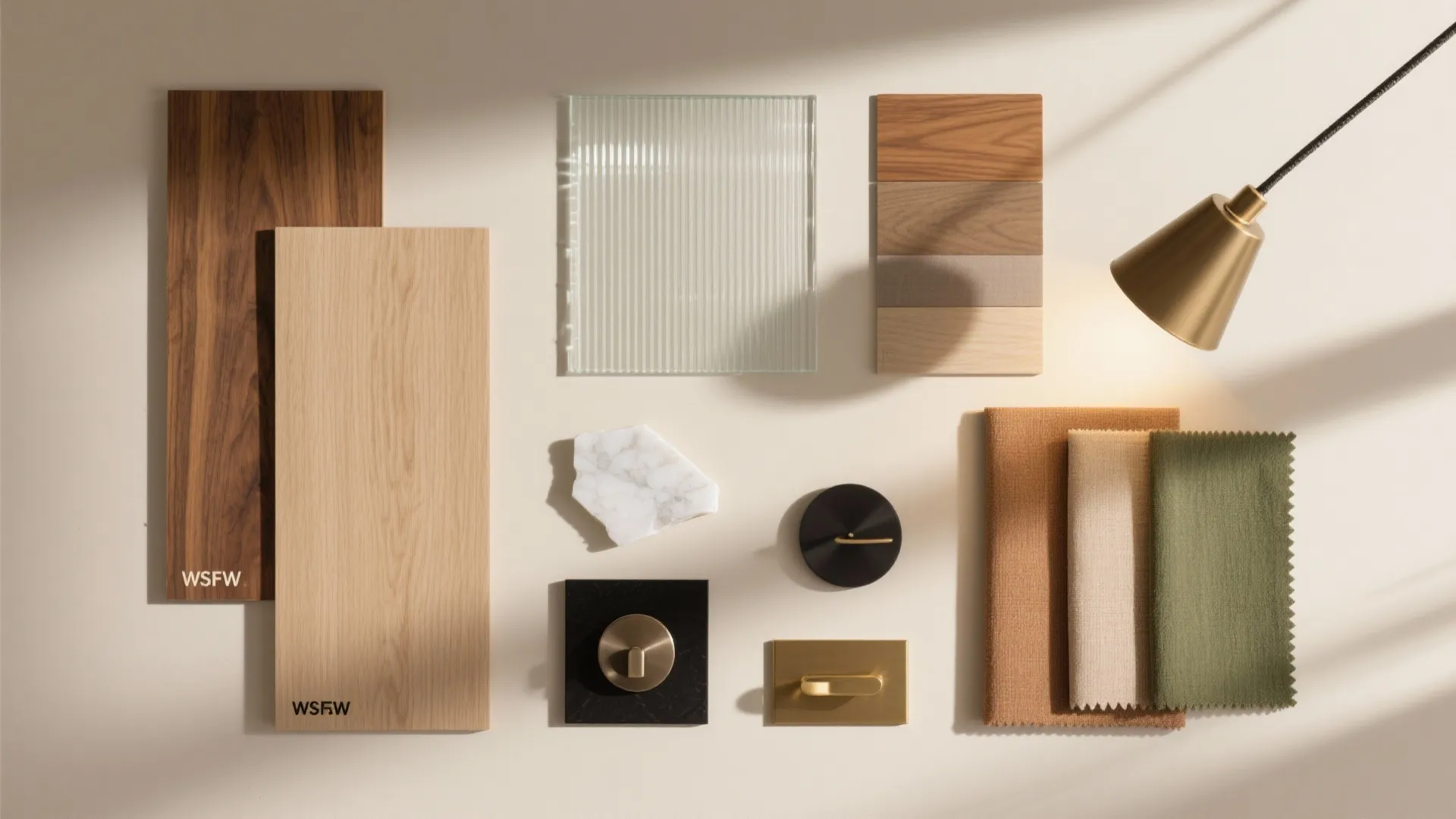 Material Palette: Warm Wood, Glass, and Layered Lights