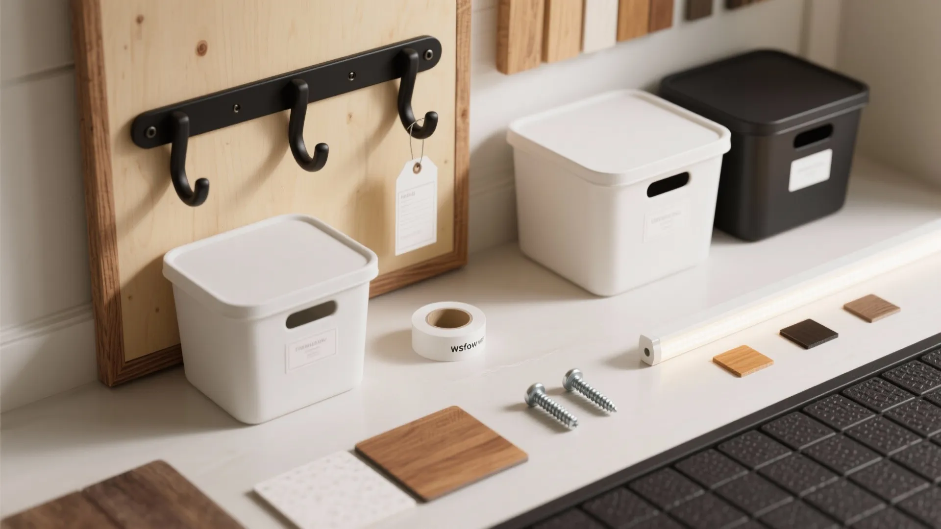 Warm-wood shelving with labeled bins and a calm color code