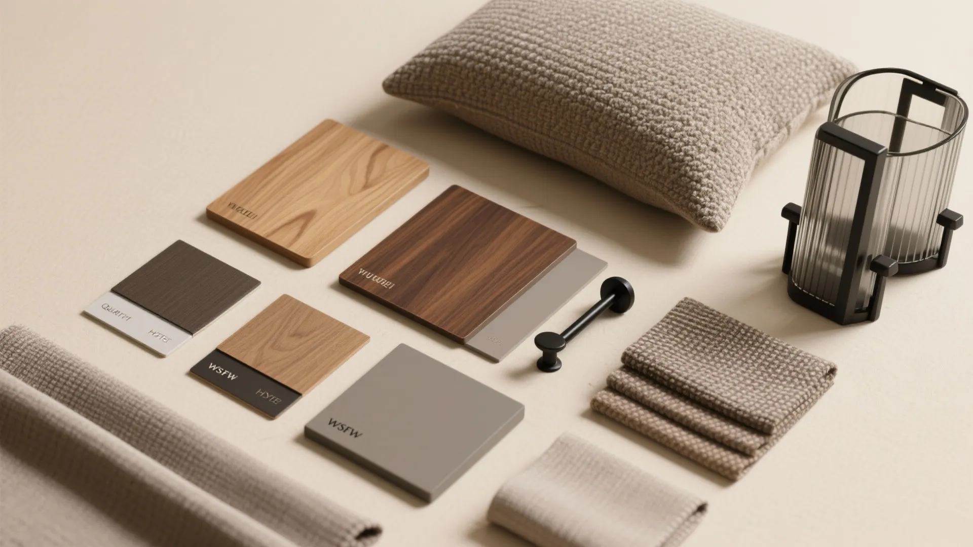Interior design material board with wood samples fabric pillow metal handle and grey wall panel