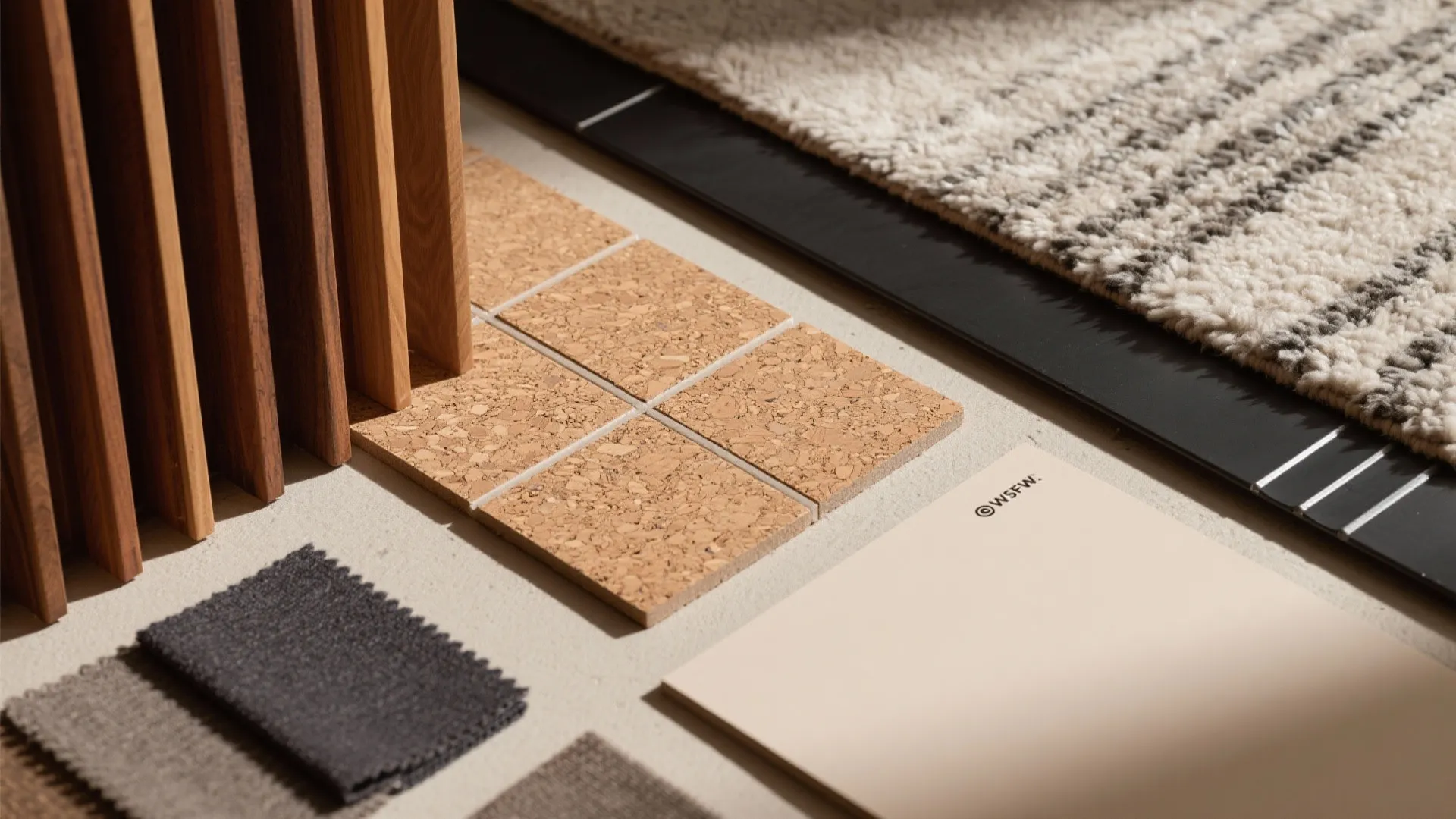 Interior design material flat lay with wood planks cork tiles fabric samples and soft rug