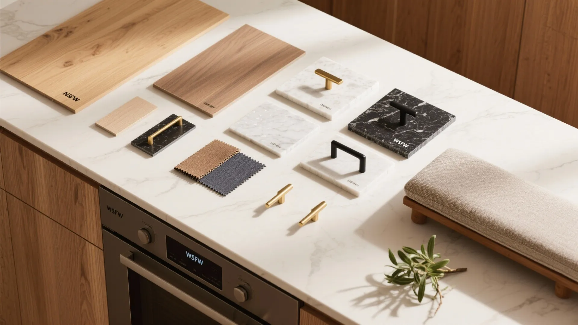 Interior design materials including wood boards marble tiles metal handles and fabric samples on white counter
