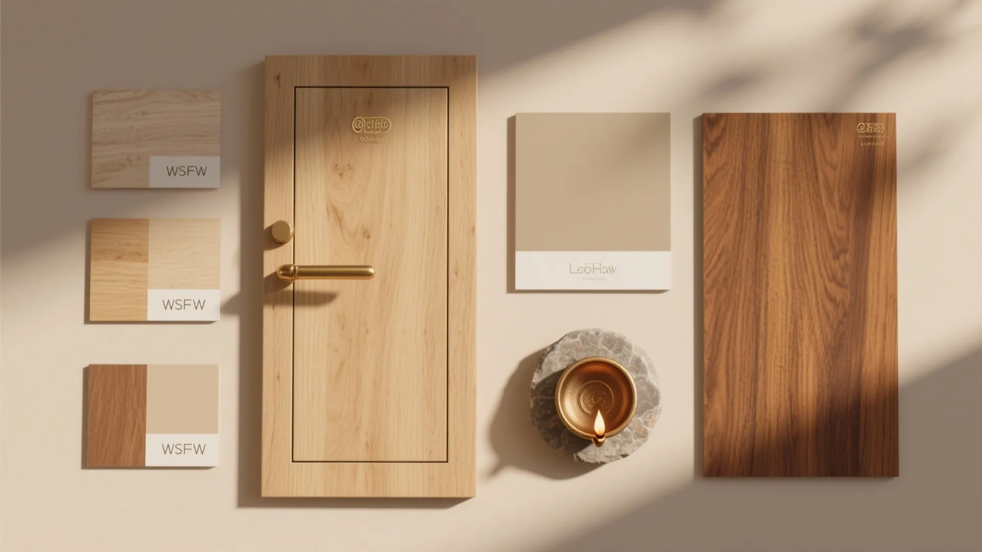 Flat lay of oak and teak veneers, brass hardware, neutral paints, and a stone diya.