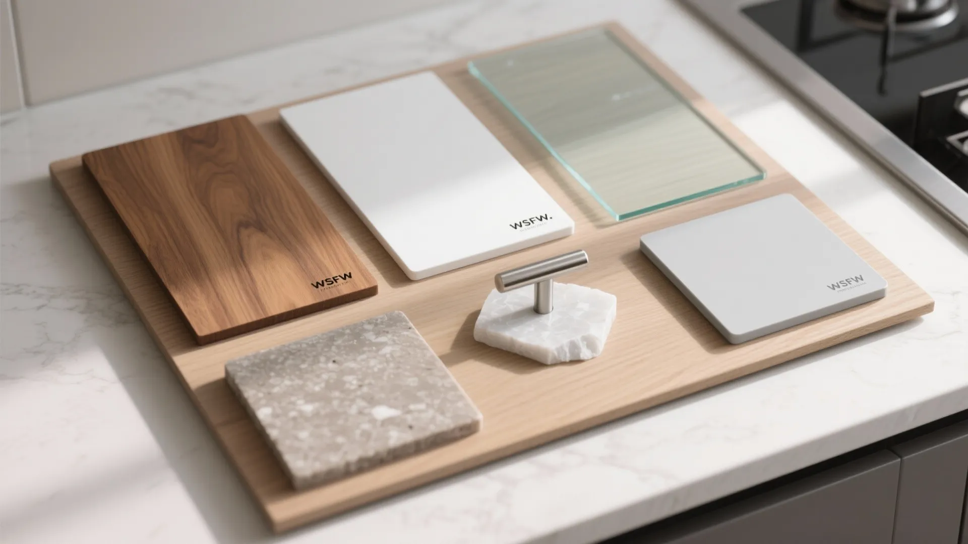 Interior design material board with wood samples stone tiles glass and a small metal handle