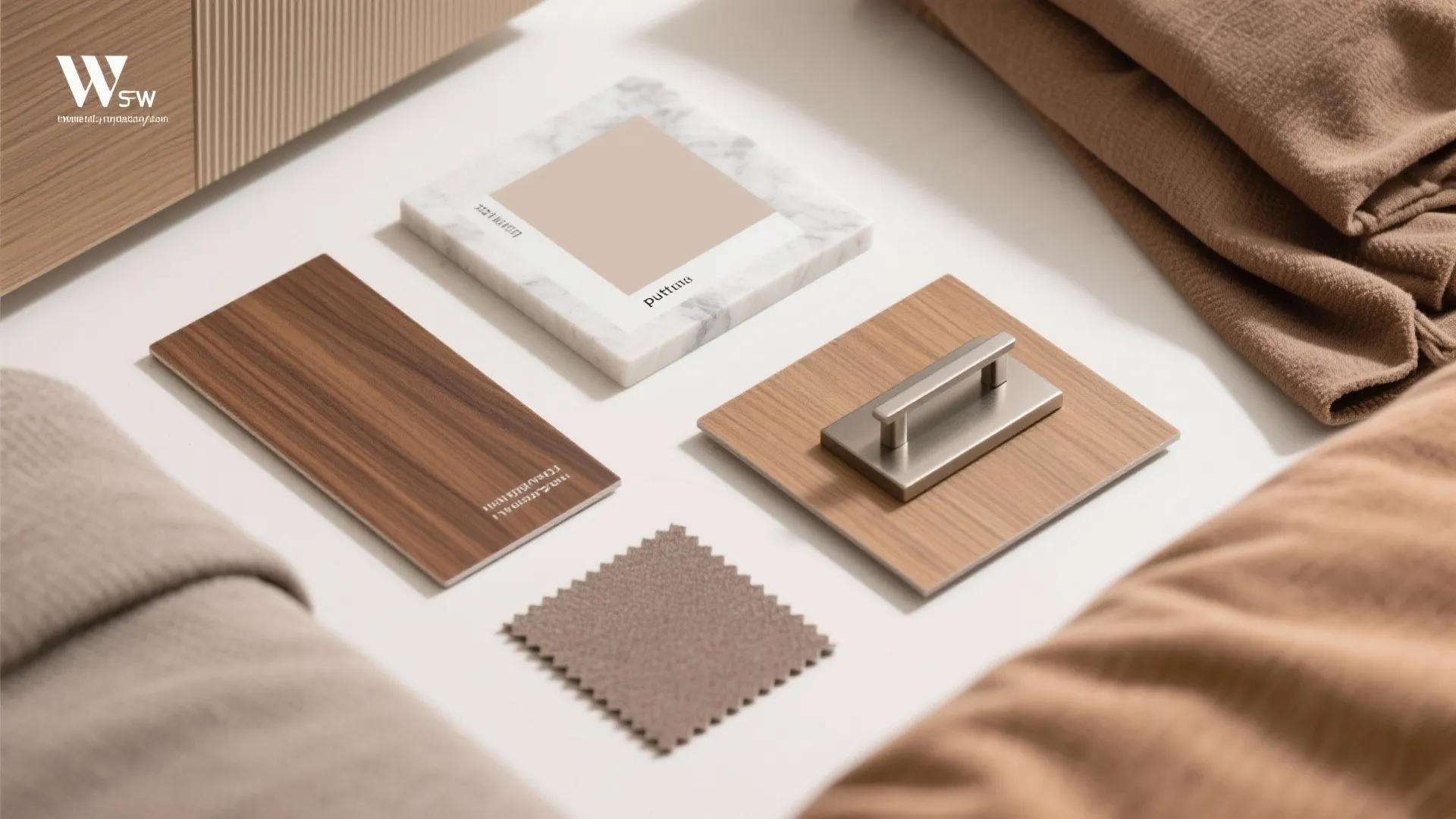 Material mood board with wood panels marble tile fabric swatches and a metal handle for furniture